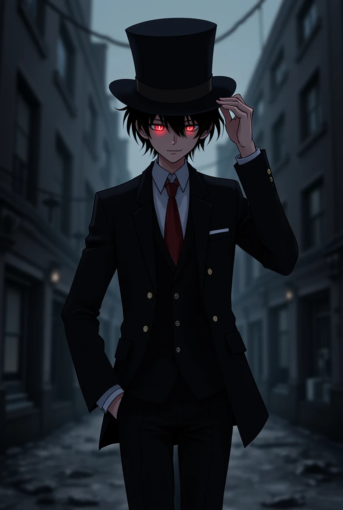 Masterpiece, Handsome boy, cool boy, anime: Tokyo ghoul, fanfiction, ghoul, fedora hat, black hair, red eyes, white smile mask, white shirt, black suits, black tie, black gloves, black long pants, black shoes, wristwacth, Heavy rain, ruined city background, blood, 