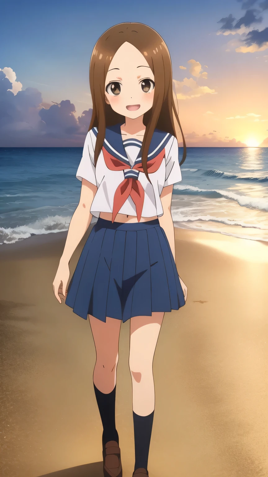 {{{masterpiece}}}, (best quality:1.5), (ultra-detailed:1.5), {illustration}, {{an extremely delicate and beautiful}}, (beautiful detailed eyes:1.6), absurdres, highres, extremely detailed face, 16k, hd, visual anime de uma jovem mulher, extremamente bonito rosto de anime, anime melhor garota, (perfect hands, perfect anatomy), anime face, Takagi-san(Teasing Master Takagi-san), 1girl, solo, cute face, long hair, brown hair, parted bangs, sidelocks, flushed cheeks, (brown eyes:1.3), (High resolution eyes, Beautiful eyes, Light in the eyes), medium breasts, big hips, curvaceous, BREAK, {serafuku}, collarbone, white shirt, short sleeves, blue sailor collar, red neckerchief, pleated skirt, blue skirt, black crew socks, BREAK, standing, looking at viewer, outdoor, sky, sea, evening, beach, nicebeach, waves, crowd of people, standing, smiling, open mouth, smirk, walk, sunset