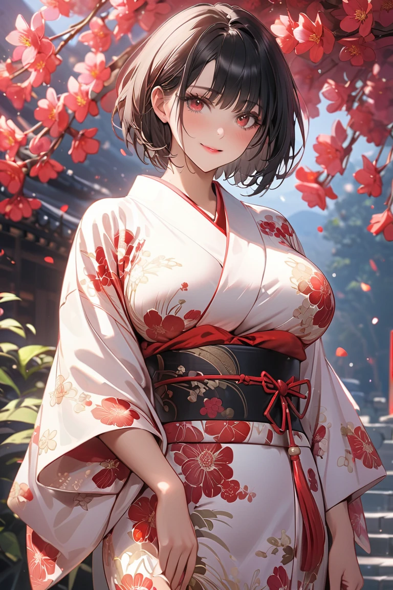 (((beautiful))), (((kimono, Cherry blossom pattern))), ((Black Hair, parted bangs, forehead, ponytail, hair ornaments, Chubby)), One Woman, Large Breasts, Huge Saggy Tits, Cleavage, Glowing Skin, Sweat, (((Intricate details))), High resolution, ((Intricate details, Ultra-detailed)), Are standing, from front, wide shot, (looking at viewer, look at viewer), Red cheeks, smile, night,