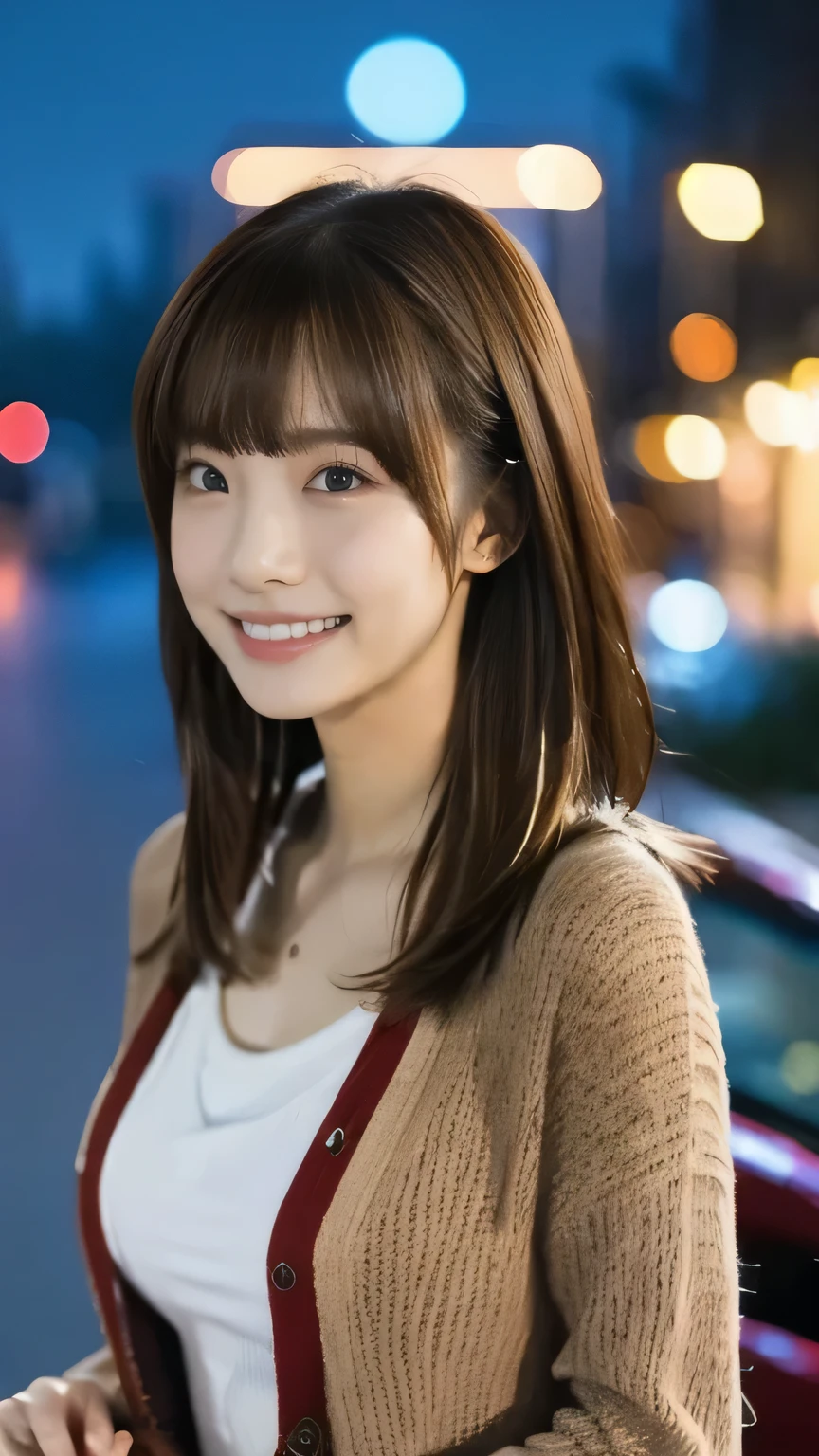 1 girl, solo,Knee-length dress, cardigan long hair, bangs, ((highlight brown hair)),Driving a car,red convertible ,
chest, smiles, Aperture F2.8, 8k octane , 3D rendering , night view, Disney ,