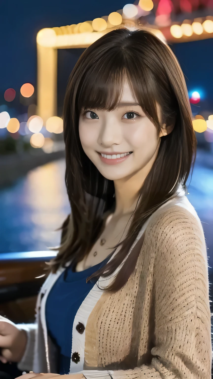 1 girl, solo,Knee-length dress, cardigan long hair, bangs, ((highlight brown hair)),Driving a car,red convertible ,
chest, smiles, Aperture F2.8, 8k octane , 3D rendering , night view, Disney ,