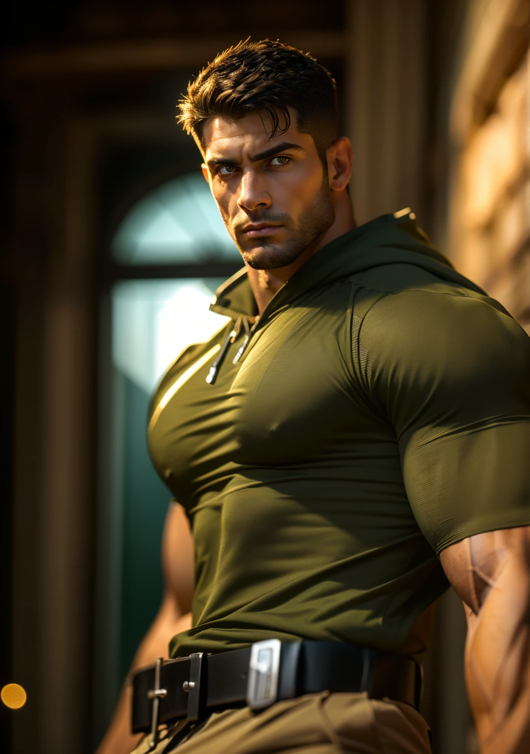 Muscular man modeling in a park with t shirt bkack