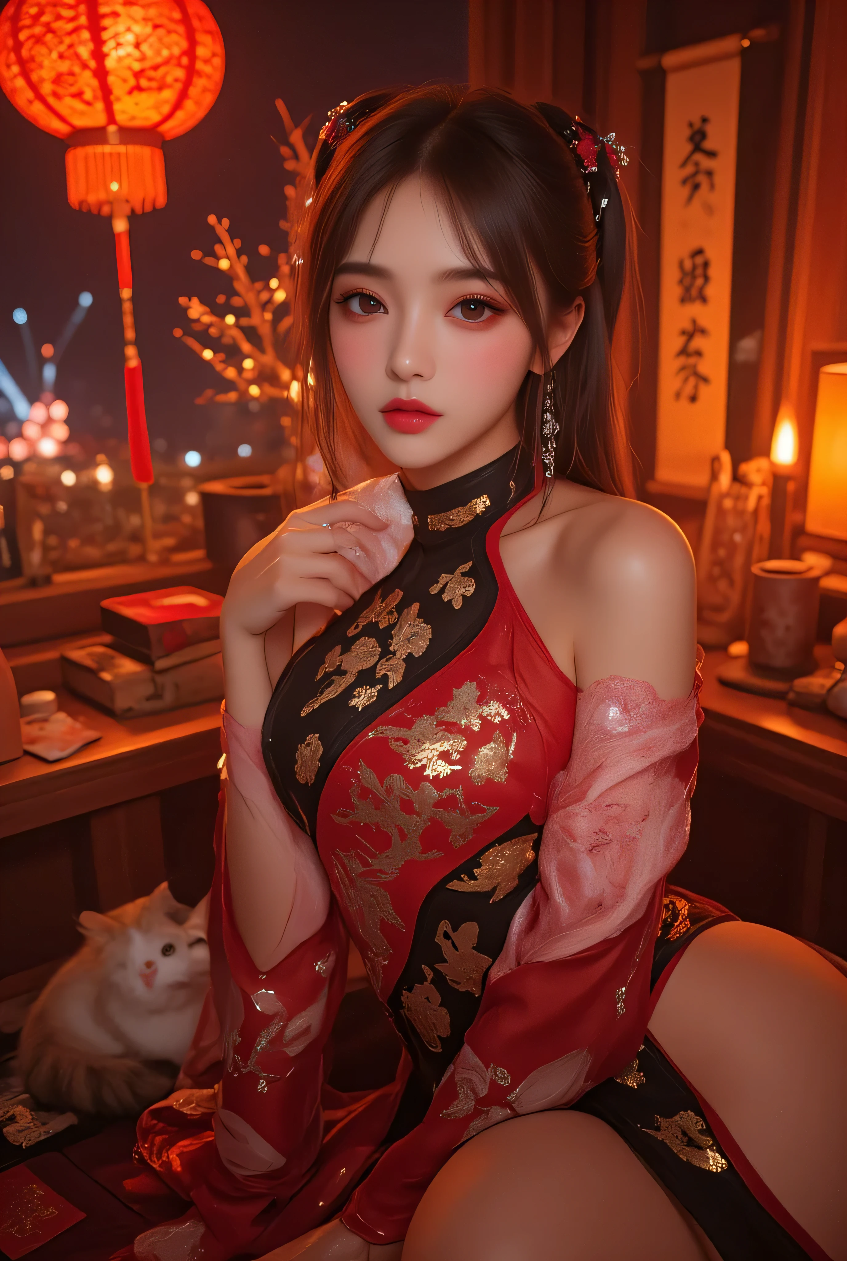 Cat ears、 face up, attractive, pretty girl, ponytail、 (( fine facial features , eroticism)), dramatic lighting , realistic , 8k, Dramatic Shadows , intricate and elaborate patterns , super detailed photo , chiaroscuro lighting , Pleasant colors , deep contrast , super real 、 pink lipstick、 warm room、Vintage Fireplace 、 cinematic composition、Close-up of face, pretty half part transparent open shoulder loose outfits dress, tang style, A beautiful Korean idol wearing a one piece red- black tightly cheongsam with phoenix and intricate floral golden embroidery, golden and silver outline on dress, hand hold pink feathers paper fan with golden ink drawing, rings, necklace, Chinese pretty silver gem hairpin, standing gracefully in a room filled with traditional Chinese New Year decorations. The room features vibrant red lanterns, decorative calligraphy scrolls, a small Chinese orange tree with golden ornaments, and several red envelopes scattered across the floor and hanging from the tree. Adorable, playful cats are part of the scene—some sitting near the tree, others curiously pawing at the red envelopes or lounging around. Through a window or an open door in the background, vibrant Chinese fireworks light up the night sky in an array of reds, golds, and blues, casting a magical glow into the room. The idol’s outfit is paired with subtle accessories like red hairpins or earrings, complementing the festive look. The atmosphere is warm and lively, filled with the joyful essence of the celebration, enhanced by the shimmering lights of the fireworks and the lively decor.