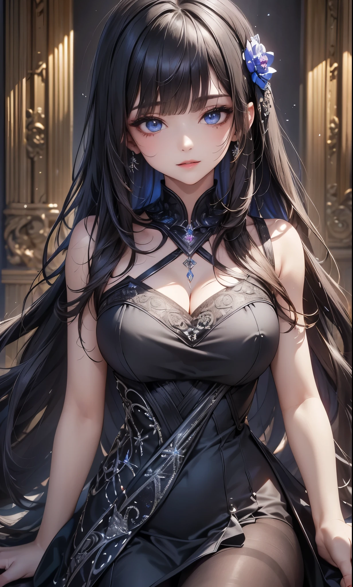 Girl, wearing revealing dress, embroidery, see through, beautiful, elegant, graceful, black dress, cutout