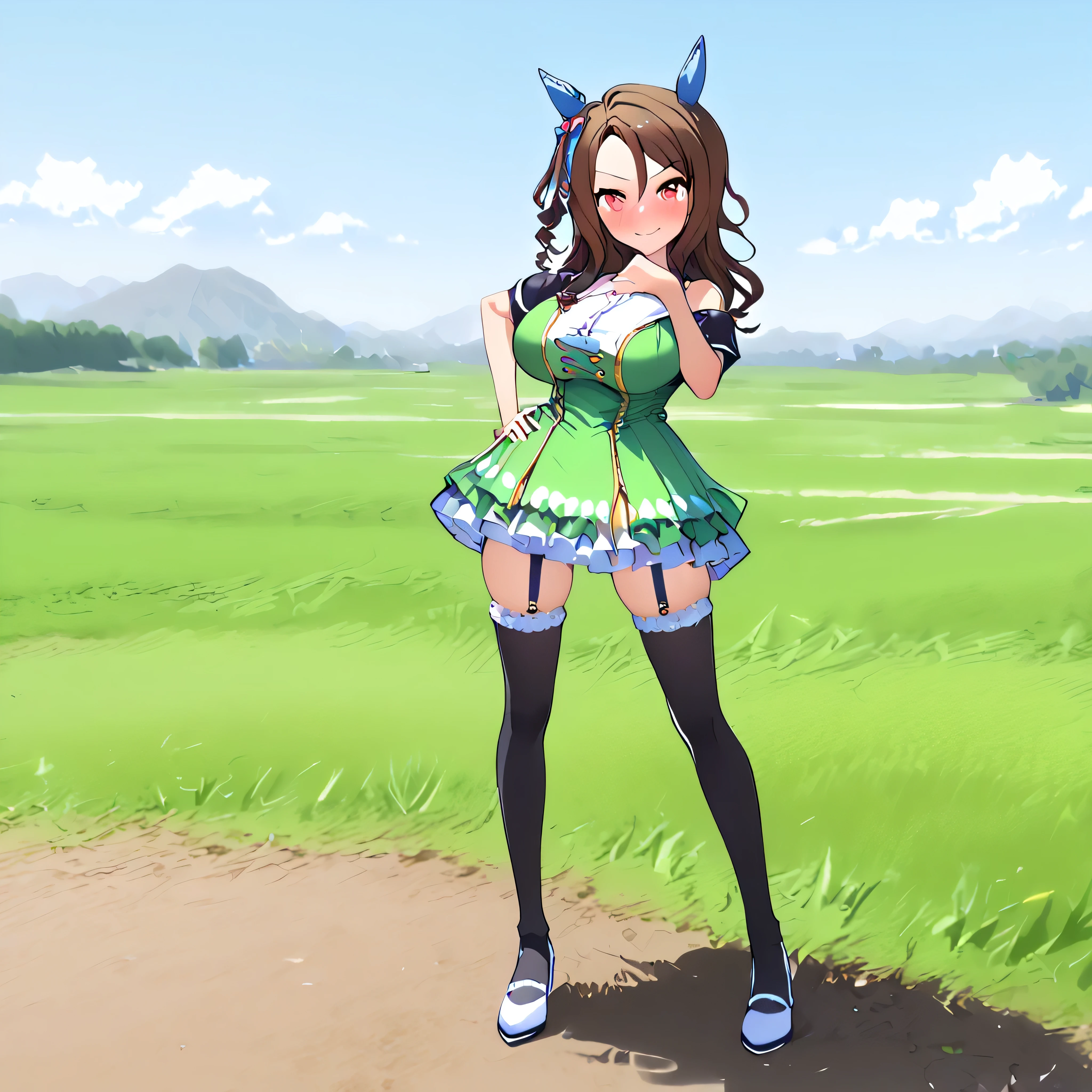masterpiece, landscape, grass field, BREAK, (1 skinny girl standing with open legs:1.2), (umamusume\:1.3), (king halo \:1.2), BREAK, shoubufuku\, (too short skirt:1.1), thigh gap, (off-shoulder green dress cinches narrow waist too tight), full body, BREAK, brown hair, (both hands on her hip), (open legs), BREAK, (bursting large breasts:1.2), (too narrow wais)t, skinny waist, small stomach, skinny hip, (skinny long legs), black thighhighs, thigh straps, BREAK, smile for viewer, nose blush