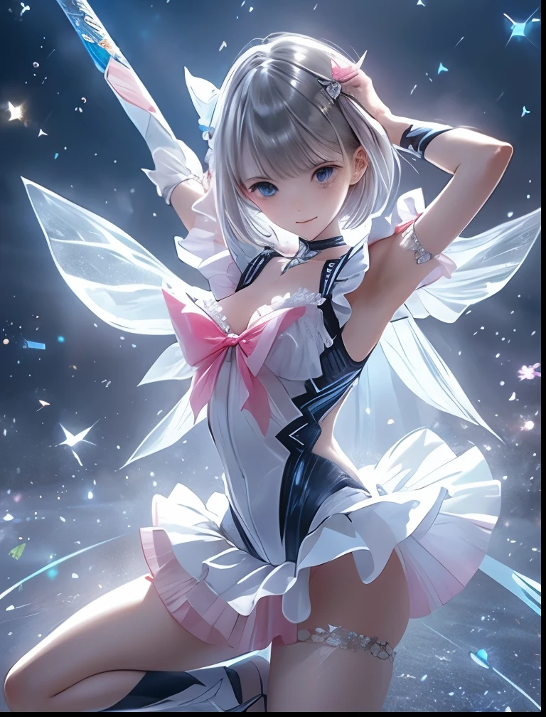 (((Chibi: 1.2), (Masterpiece: 1.4), (Best Quality: 1.4), (Very cute angel girl, super detailed face, eyes like jewels, very long white hair, colorful gradient hair: 1.4), (Ring of Angel: 1.4), (Angel Wings: 1.4), (Full Body, Perfect 2 Arms, Perfect 2 Legs: 1.4), (Perfect 4 Fingers: 1 Thumb), Light, Shine, Bokeh, Super Fine))