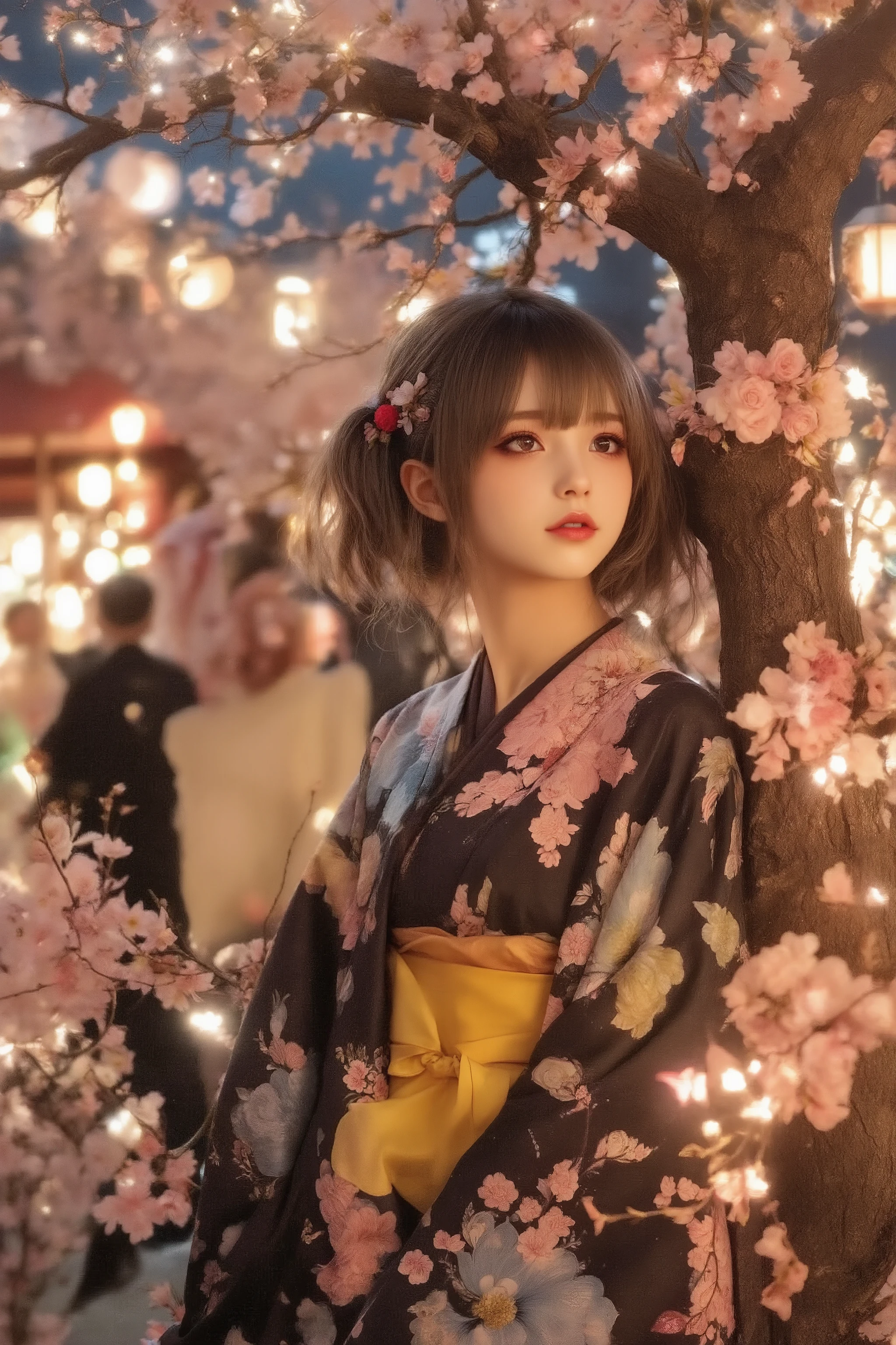 masterpiece, best quality, ultra-detailed, photorealistic depiction, intimate and cinematic composition, a blushing girl in a floral-patterned yukata with intricate embroidery, her shy expression captured with lifelike precision, soft, short dark brown hair styled elegantly with delicate cherry blossom hairpins, leaning gracefully against a cherry blossom tree, her pose tender and reserved, glowing under the warm, golden light of traditional festival lanterns.
The summer festival setting is alive with vibrant energy, featuring bokeh effects of blurred lanterns and glowing crowds in the background, illuminated by a rich blend of warm night lights and cool moonlight filtering through the branches. Her yellow obi sash catches subtle highlights, the fabric shimmering with soft reflections, while the surrounding cherry blossoms appear to glow faintly with ethereal light, as petals gently fall through the air.
Dramatic lighting enhances the contrast between the warm tones of the lanterns and the cool, serene ambiance of the moonlight, creating a harmonious balance. The shadows are soft and dynamic, accentuating the girl's delicate features and the tree's intricate texture. The air is filled with a romantic and nostalgic vibe, emphasized by swirling particle effects of fireflies and faint glowing sparkles, adding a touch of magic to the scene.
The composition exudes elegance and emotion, blending traditional Japanese aesthetics with surreal, dreamlike qualities. The use of glazing and airbrushing techniques enhances the depth and softness of textures, while dynamic lighting and vibrant color grading heighten the dramatic and cinematic atmosphere. The overall ambiance is a perfect harmony of serene beauty and vibrant energy, capturing the essence of a fleeting yet unforgettable summer night.