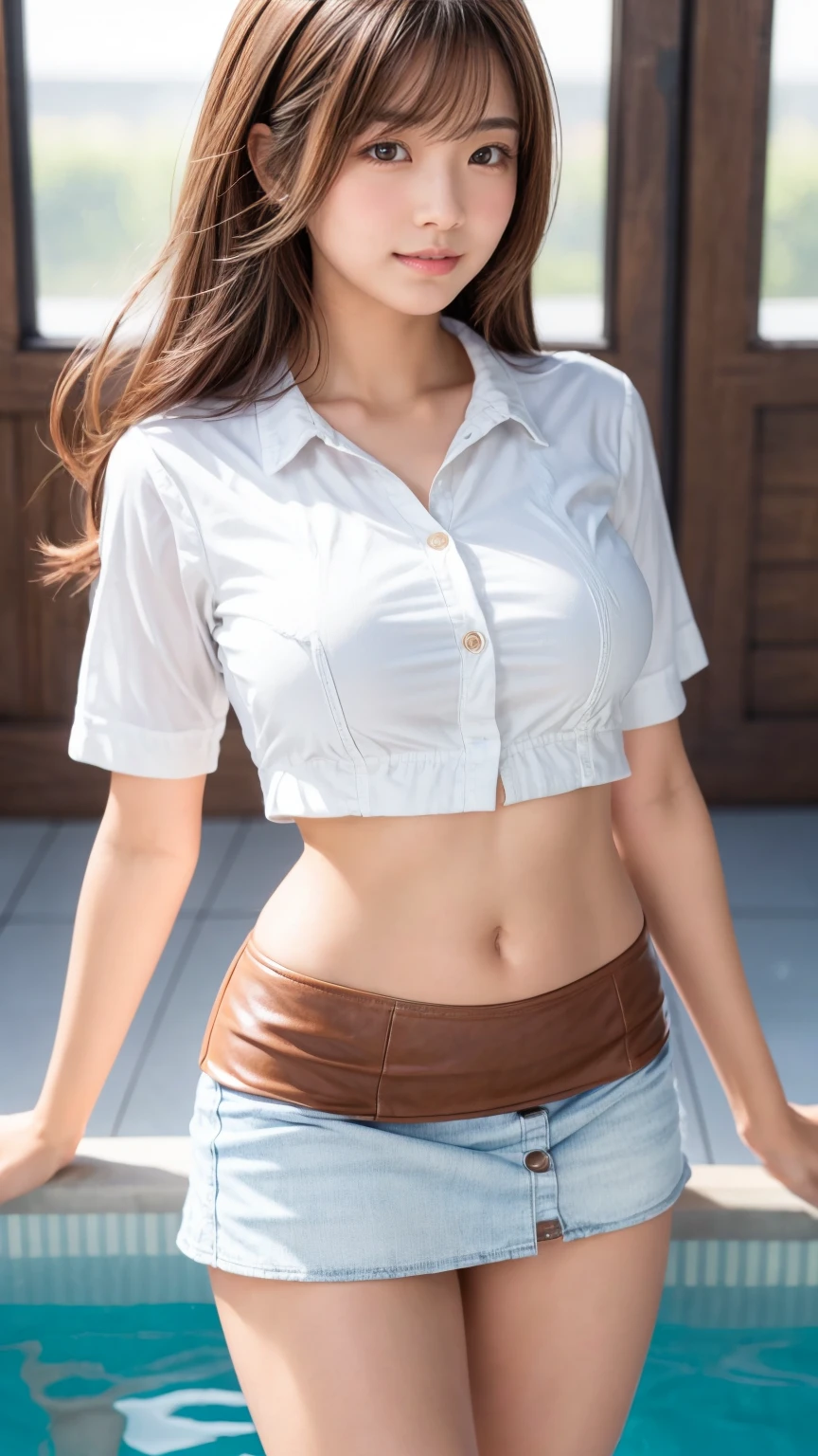 realistic, (high quality, high resolution, 8K), Maxim cover model, Detailed oil painting, (1 woman, cowgirl, gunslinger, Beautiful brunette with blue eyes, fascinating, complete anatomy, whole body, Flowing blonde hair, wearing a cowboy hat, looking at viewer, wide and fascinating smile , (very large breasts), (No Braza), Crisp breastbone, white shirt with short neckline, See-through shirt tied in a knot at the waist, Low-cut shirt, cowboy belt with silver buckle, dennett blue shorts, Cowboy boots with shiny spurs, (2 revolvers at waist, star sheriff badge on his chest), (Old West town setting, golden hour, sun rays , beautiful scenery of the old west, leave a large dust trail), dignified pose, start from below,