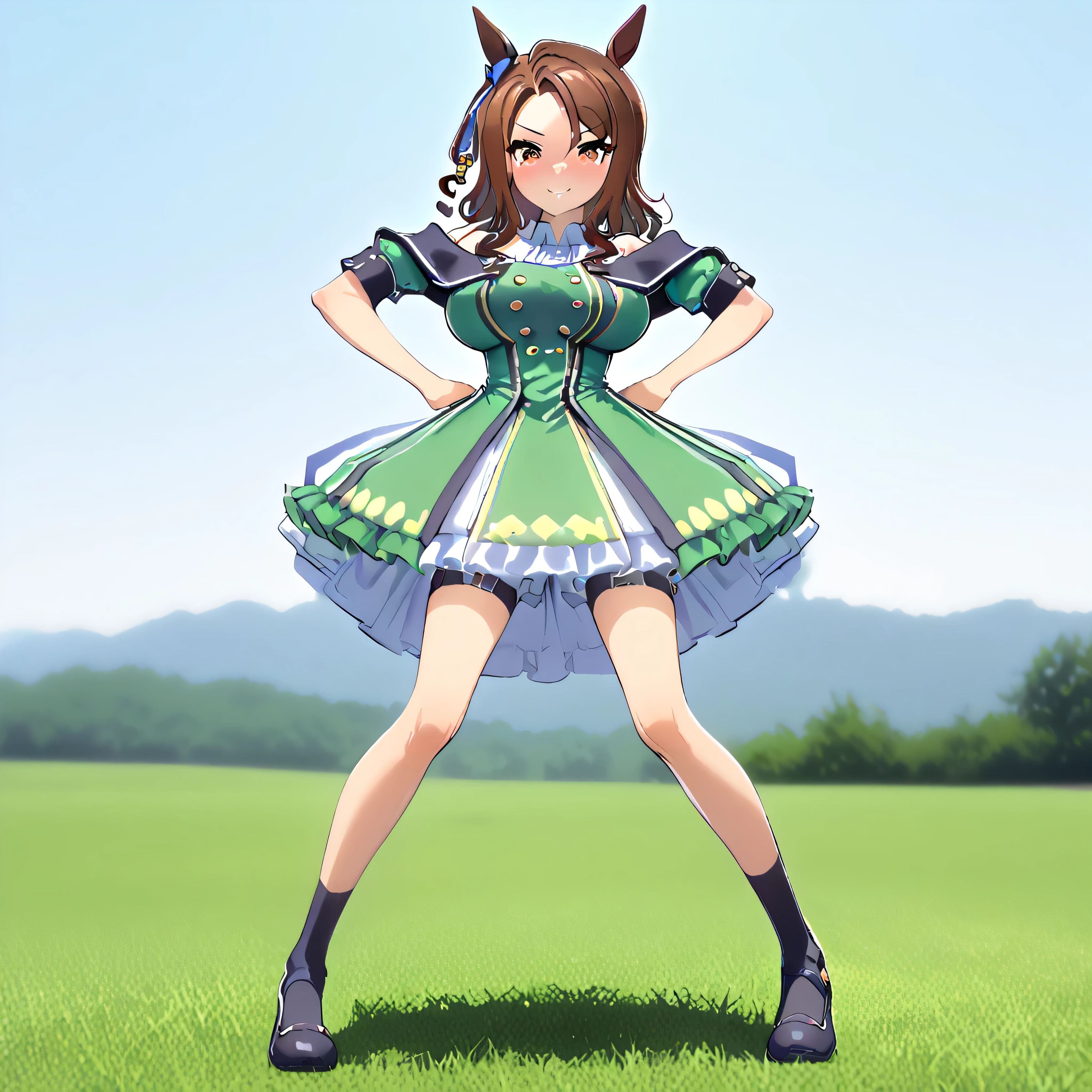 masterpiece, landscape, grass field, BREAK, (1 skinny girl standing with open legs:1.2), (umamusume\:1.3), (king halo \:1.2), BREAK, shoubufuku\, (too short skirt:1.1), thigh gap, (off-shoulder green dress cinches narrow waist too tight), full body, BREAK, brown hair, (both hands on her hip), (open legs), BREAK, (bursting large breasts:1.2), (too narrow wais)t, skinny waist, small stomach, skinny hip, (skinny long legs), black thighhighs, thigh straps, BREAK, smile for viewer, nose blush