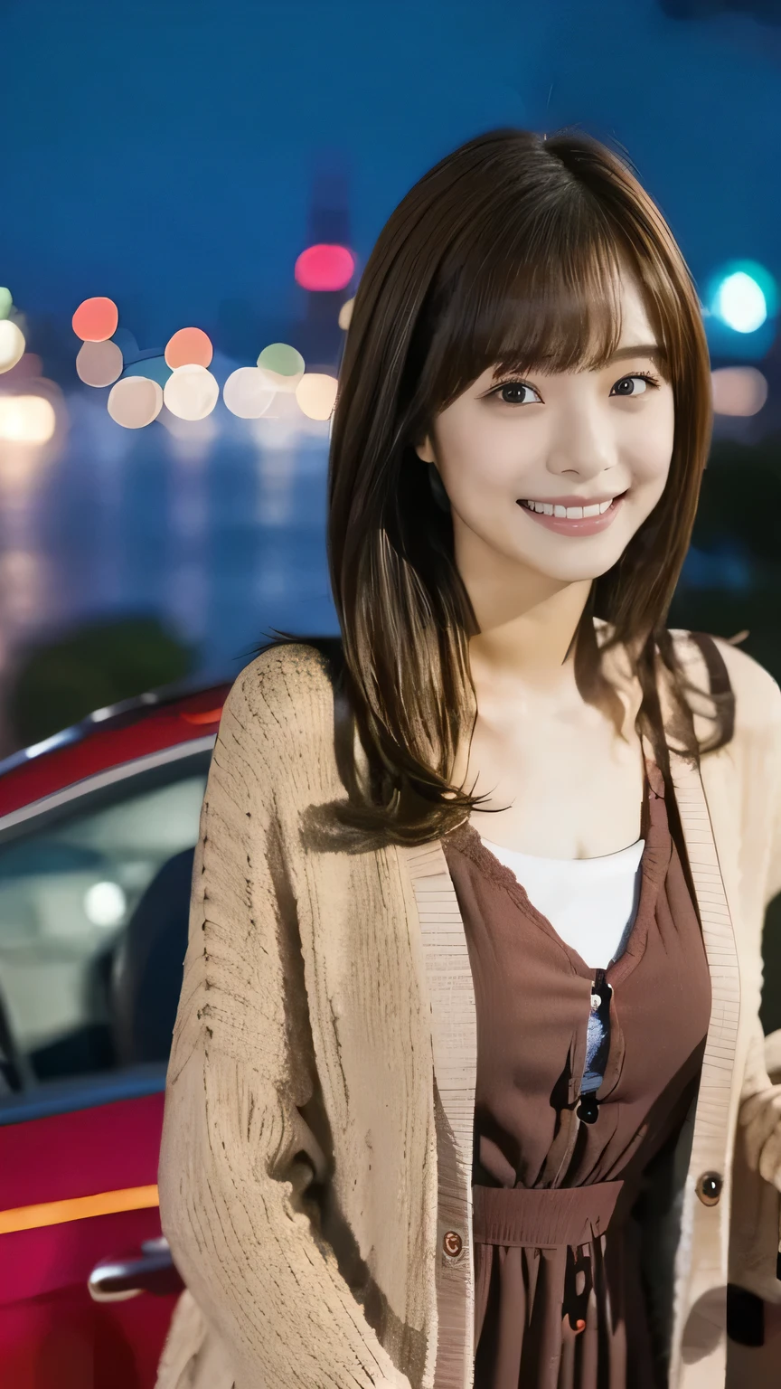 1 girl, solo,Knee-length dress, cardigan long hair, bangs, ((highlight brown hair)),Driving a car,red convertible ,
chest, smiles, Aperture F2.8, 8k octane , 3D rendering , night view, Disney ,
