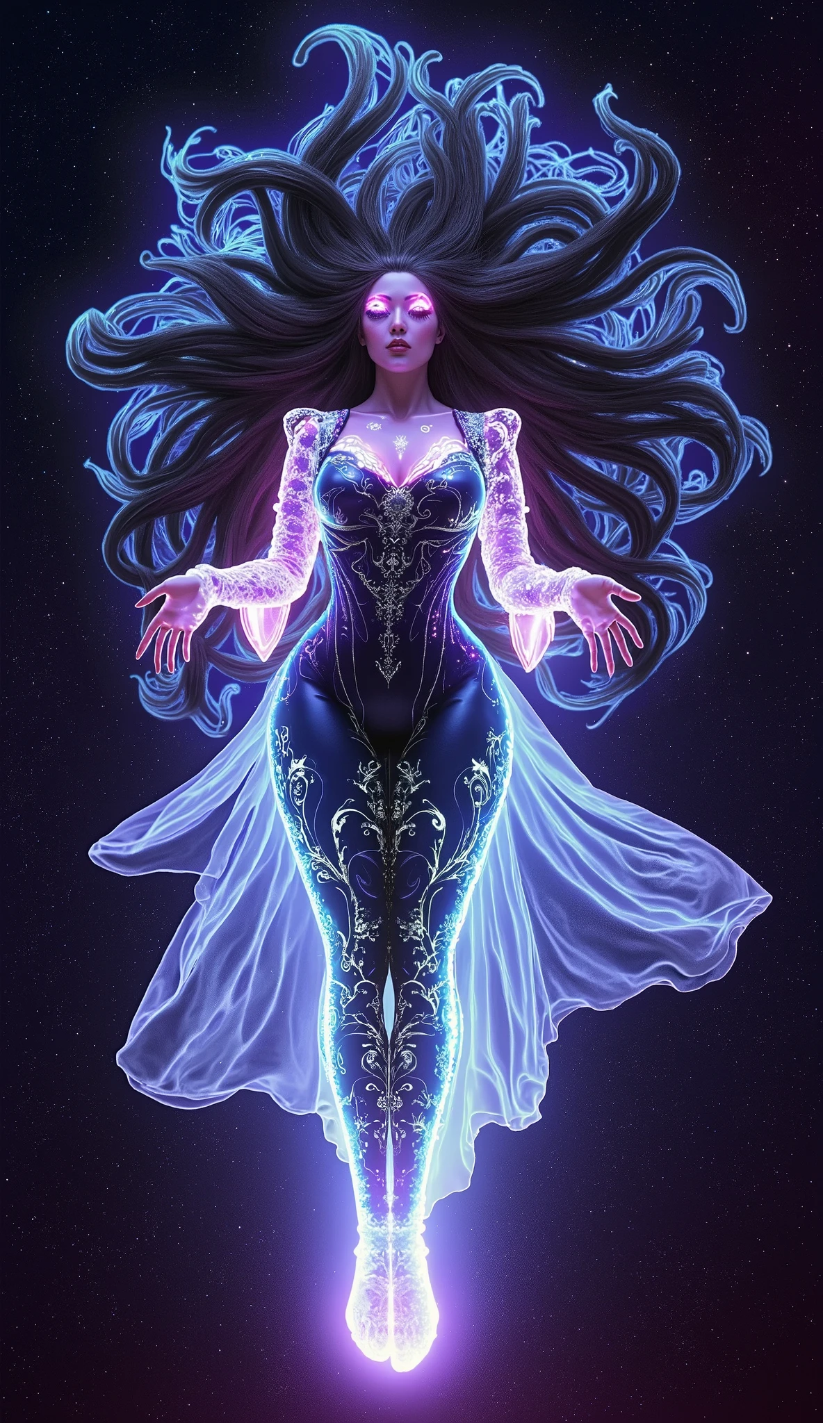 (masterpiece,Distinguished Quality,Mirror-like,Cinematic Experience,insanely detailed,absurdres),8k,wallpaper,(Ray Tracing),(1 female),(Astral Body:2.0),(Beautiful Face),(Mysteriously glowing eyes:2.0),(Glowing Skin:1.3),(Random Hairstyles),(Super long hair:2.0)BREAK,(Ultra-high leg bodysuit with a space-themed design:2.0),BREAK(Satanic attraction:2.0),(Mysteriously glowing eyes:2.0),(Big Breasts),(Sexy thighs),(Functional),(Voluptuous),(front:2.0),BREAK(whole body:2.0),(look at me),(Detailed hands:2.0),(Beautiful female hands:2.0),(Portrait of the Goddess),(sixth sense),(kaleidoscope),(Trance),(Meditation Concept),BREAK(She's floating leisurely in space:2.0),(Astral Light:2.0),(A body covered in psychic aura:2.0),(Super sexy:2.0)