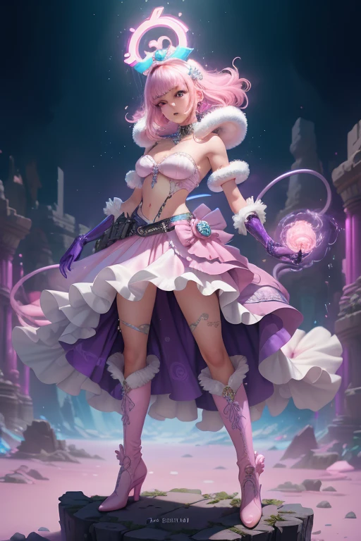 "((Fantasy art)) featuring an alien girl immersed in a celestial symphony, clouds transforming into vibrant splashes, flowers scattered like notes in the wind, a visual orchestration of color and wonder"