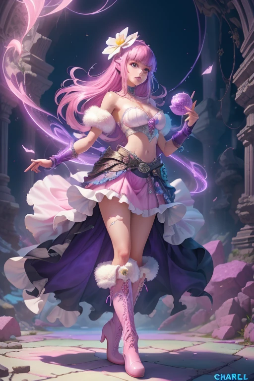 (League of Legends) Ali, Pink Magic, pink magic crystal ball in hand,pink,A pink crystal ball with broken lenses inside, pink big eyes,Multiple postures, feet,princess dress,three lines on each cheek,animated GIF style, smooth and glossy lines, dark white and light bronze, precise and detailed, high resolution, WAVY, 3D technology, Sparkly jewelry,Full body shots,Pink red
background,
