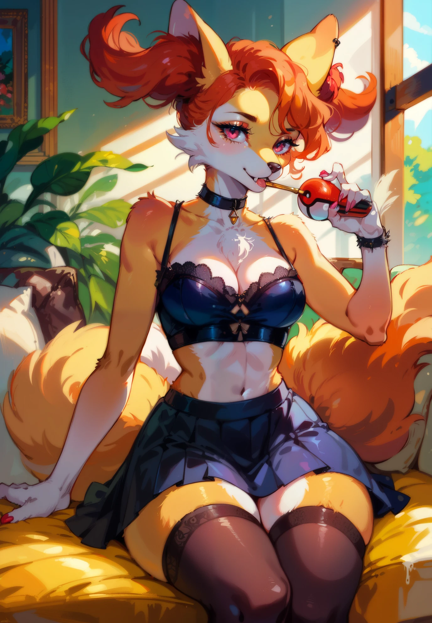 source_furry, BREAK, furry, anthro, 1girl, Braxien, Pokemon, ginger hair, crop top, piercings, thigh highs, skirt, sitting on a couch, sexy pose, lustful, BREAK, night time, mountain cottage, cinematic lighting,