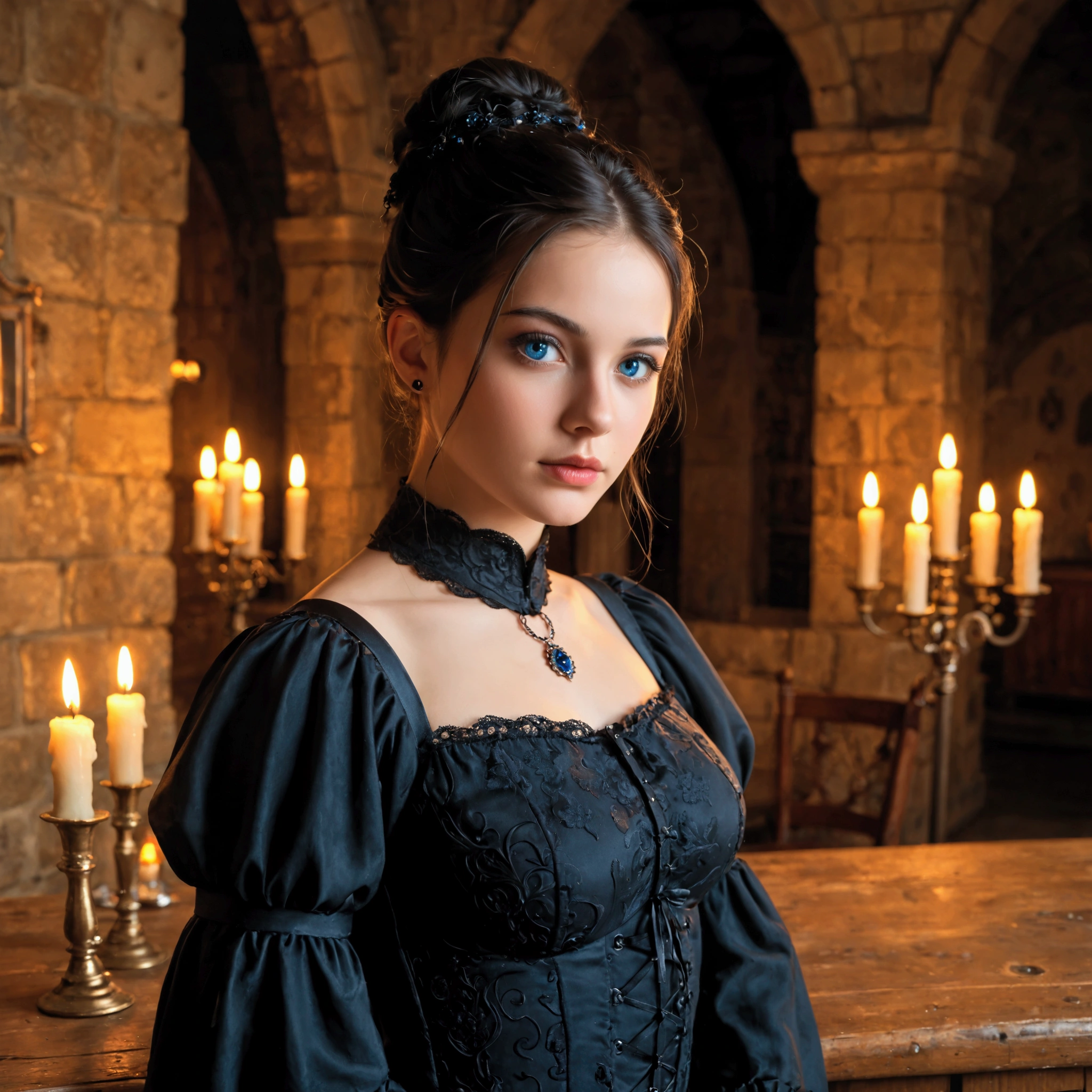 skini girl, red t-shirt , (((((pale skin)))))), blue eyes, white girl, deep black hair, ultra realistic, 16 years old, large breast, (((huge breast))), ponytail hair, candle lights,