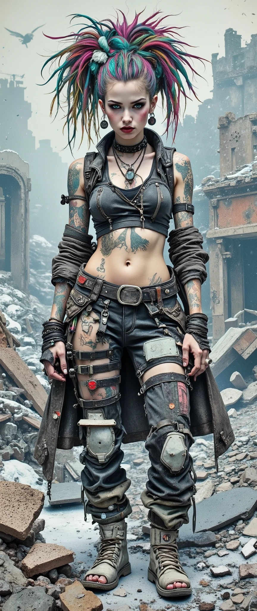 Realistic digital art. Realistic image of an unreal apocalypse girl. She stands with her head slightly turned towards the viewer. A very beautiful, slender, muscular European-type girl. Pale skin. Beautiful, big turquoise eyes. The look is incredulous and stern. High cheekbones and a pointed chin. The lips are pale and chapped. There are epic tattoos on his face and body. A High voluminous hairstyle of long multicolored matted dreadlocks in the punk style. Biker-rocker-style leather clothes are shabby and dusty, decorated with rivets and zip fasteners. Massive earrings and bracelets made of white patinated metal. His hands were wearing straps and leather gloves. The atmosphere of the post-apocalypse. Snow is falling in flakes, flying ash, fog. A cold wind. diffused white light. Ruins covered with snow. Bokeh. Shooting from one level.
