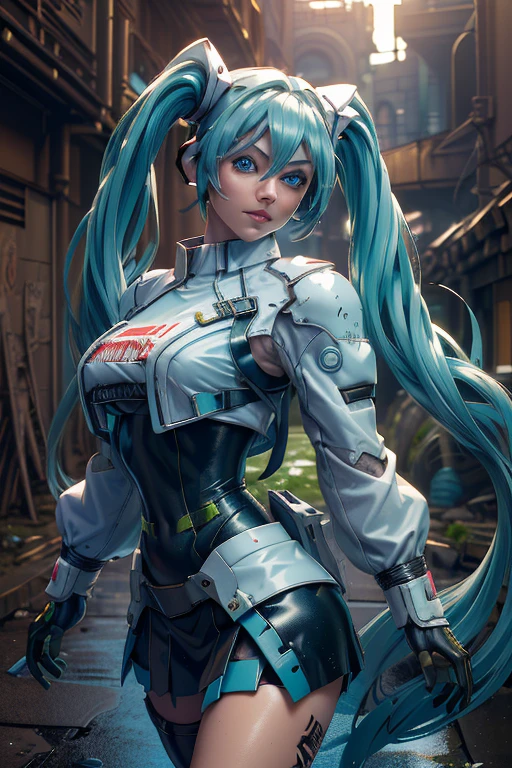((Masterpiece, Best Quality)), blue hair, cat tail, Green eyes, cyberpunk robot parts, smiles, happy, thicc, big breasts, big ass, illustration, ultra-detailed 8K, realistic, clear focus, highly detailed, professional lighting, colorful details, colors BREAK factory super long shot, (1 large mechanical robot), microchip, computer, luminescence, intricate details, shitu-mecha, 1girl downscale standing in front of the viewer, navel, fighting a giant robot,