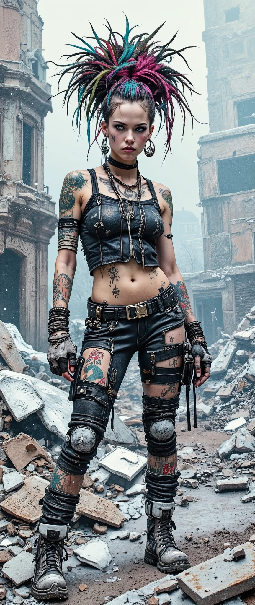 Realistic digital art. Realistic image of an unreal apocalypse girl. She stands with her head slightly turned towards the viewer. A very beautiful, slender, muscular European-type girl. Pale skin. Beautiful, big turquoise eyes. The look is incredulous and stern. High cheekbones and a pointed chin. The lips are pale and chapped. There are epic tattoos on his face and body. A High voluminous hairstyle of long multicolored matted dreadlocks in the punk style. Biker-rocker-style leather clothes are shabby and dusty, decorated with rivets and zip fasteners. Massive earrings and bracelets made of white patinated metal. His hands were wearing straps and leather gloves. The atmosphere of the post-apocalypse. Snow is falling in flakes, flying ash, fog. A cold wind. diffused white light. Ruins covered with snow. Bokeh. Shooting from one level.