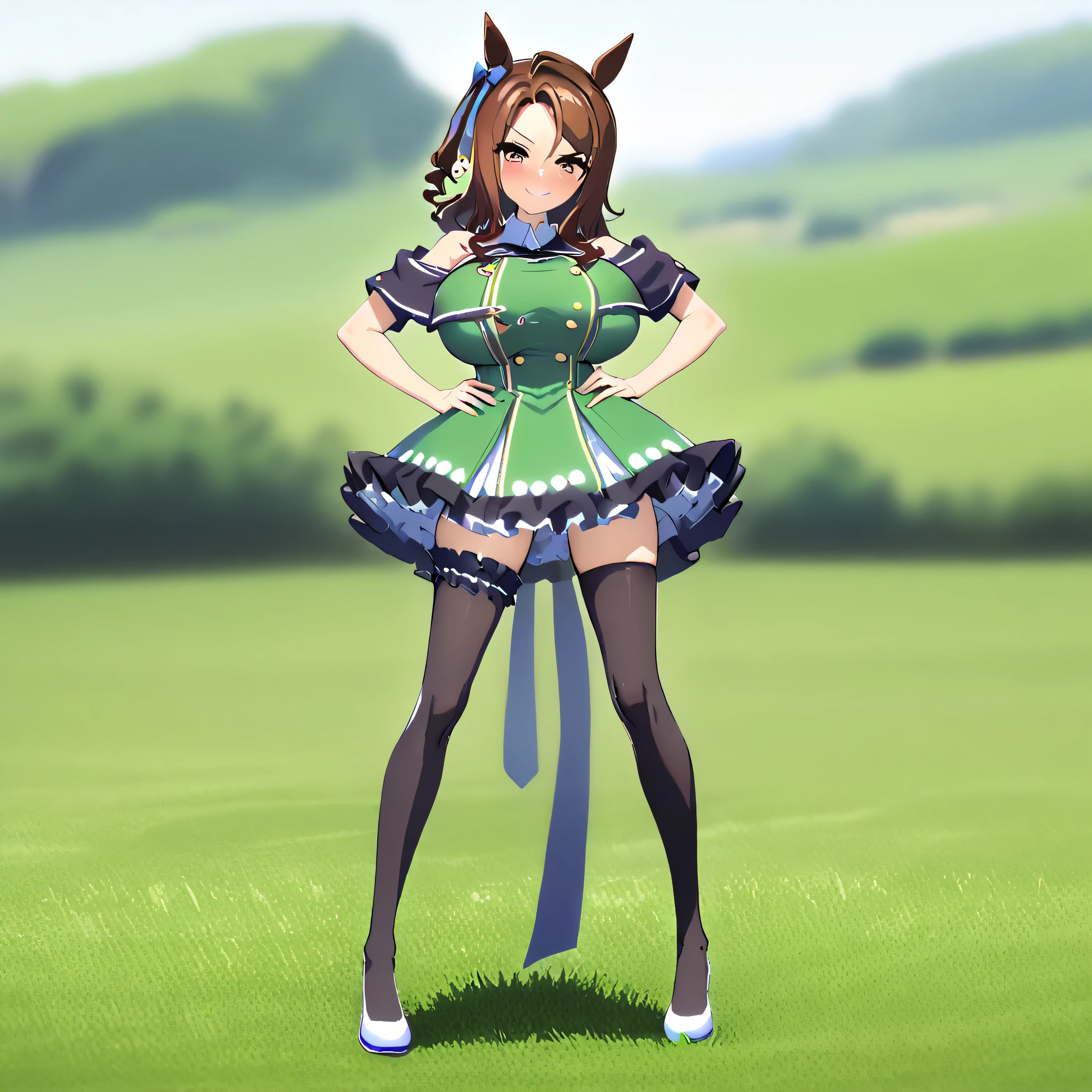 masterpiece, landscape, grass field, BREAK, (1 skinny girl standing with open legs:1.2), (umamusume\:1.3), (king halo \:1.2), BREAK, shoubufuku\, (too short skirt:1.1), thigh gap, (off-shoulder green dress cinches narrow waist too tight), full body, BREAK, brown hair, (both hands on her hip), (open legs), BREAK, (bursting large breasts:1.2), (too narrow wais)t, skinny waist, small stomach, skinny hip, (skinny long legs), black thighhighs, thigh straps, BREAK, smile for viewer, nose blush