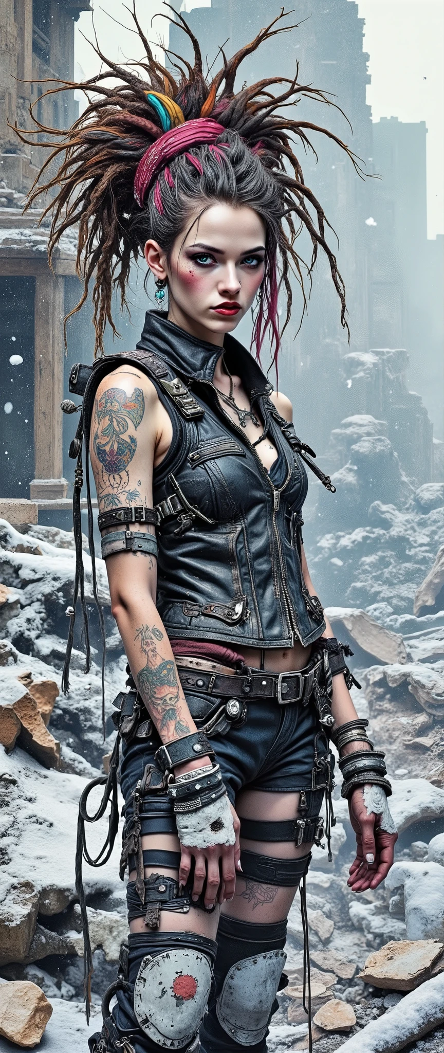 Realistic digital art. The atmosphere of the post-apocalypse. Winter. Snow is falling in flakes, flying ash, fog. A cold wind. Realistic image of an unreal apocalypse girl. She stands with her head slightly turned towards the viewer. A very beautiful, slender, muscular European-type girl. Pale skin. Beautiful, big turquoise eyes. The look is incredulous and stern. High cheekbones and a pointed chin. The lips are pale and chapped. There are epic tattoos on his face and body. A high voluminous hairstyle of long multicolored matted dreadlocks in the punk style. Biker-rocker-style leather clothes are shabby and dusty, decorated with rivets and zip fasteners. Massive earrings and bracelets made of white patinated metal. His hands were wearing straps and leather gloves. Diffused white light. Ruins covered with snow. Bokeh. Shooting from one level.