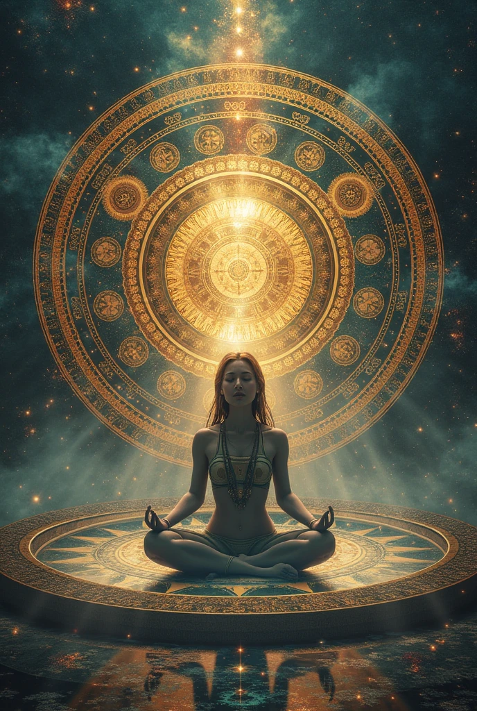 "incitar": "Crie uma imagem fotorrealista que interprete visualmente o conceito: 'The science behind mantras is not just a matter of faith, but also a vibrational energy.' Portray a serene and focused individual in a meditative state, surrounded by visible sound waves emanating from your mouth, simbolizando a energia vibracional do mantra. The environment should be a peaceful space conducive to meditation, como uma sala mal iluminada ou um local externo sereno, with subtle scientific elements, such as frequency waveforms or energy diagrams integrated into the background, illustrating the scientific aspect of mantras. Incorpore macio, Ambient lighting to highlight the mystical and scientific atmosphere. The artistic style must combine realism with symbolic scientific visualizations. camera angle: frontal, capturing the expression of deep concentration of the individual and the vibrational waves emanating. Render the image in high resolution, emphasizing clarity and interaction between faith and science."