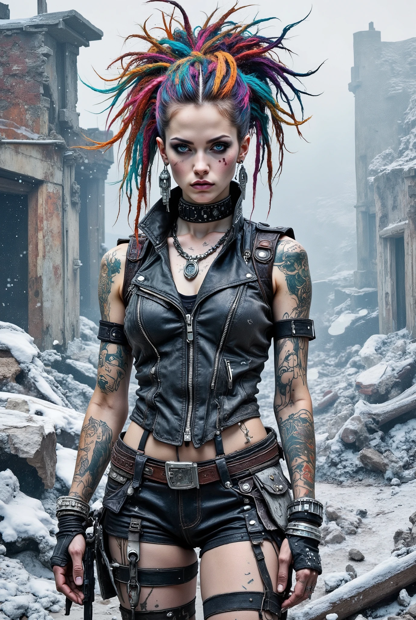 Realistic digital art. The atmosphere of the post-apocalypse. Winter. Snow is falling in flakes, flying ash, fog. A cold wind. Realistic image of an unreal apocalypse girl. She stands with her head slightly turned towards the viewer. A very beautiful, slender, muscular European-type girl. Pale skin. Beautiful, big turquoise eyes. The look is incredulous and stern. High cheekbones and a pointed chin. The lips are pale and chapped. There are epic tattoos on his face and body. A high voluminous hairstyle of long multicolored matted dreadlocks in the punk style. Biker-rocker-style leather clothes are shabby and dusty, decorated with rivets and zip fasteners. Massive earrings and bracelets made of white patinated metal. His hands were wearing straps and leather gloves. Diffused white light. Ruins covered with snow. Bokeh. Shooting from one level.