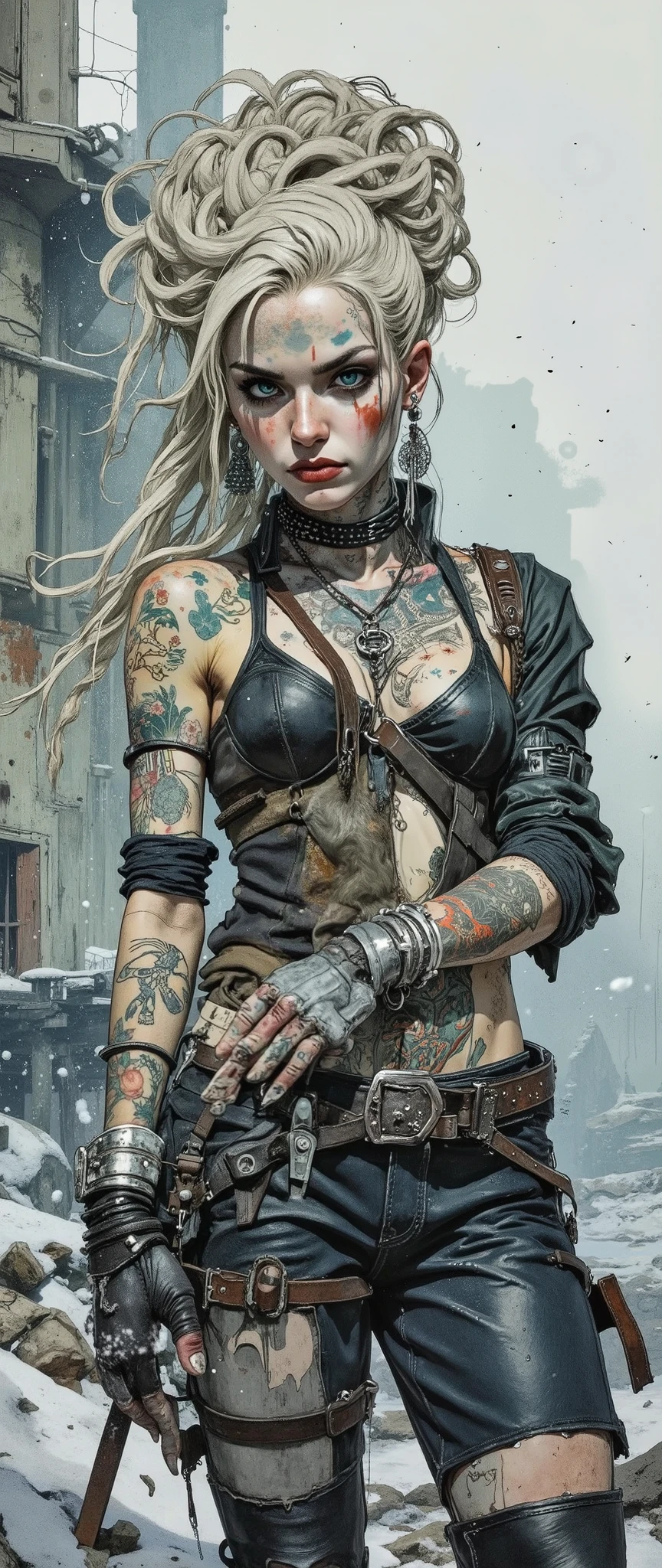 Realistic digital art. Realistic image of an unreal apocalypse girl. She stands with her head slightly turned towards the viewer. A very beautiful, slender, muscular European-type girl. Pale skin. Beautiful, big turquoise eyes. The look is incredulous and stern. High cheekbones and a pointed chin. The lips are pale and chapped. There are epic tattoos on his face and body. A High voluminous hairstyle of longplatinum matted dreadlocks in the punk style. Biker-rocker-style leather clothes are shabby and dusty, decorated with rivets and zip fasteners. Massive earrings and bracelets made of white patinated metal. His hands were wearing straps and leather gloves. The atmosphere of the post-apocalypse. Snow is falling in flakes, flying ash, fog. A cold wind. diffused white light. Ruins covered with snow. Bokeh. Shooting from one level.