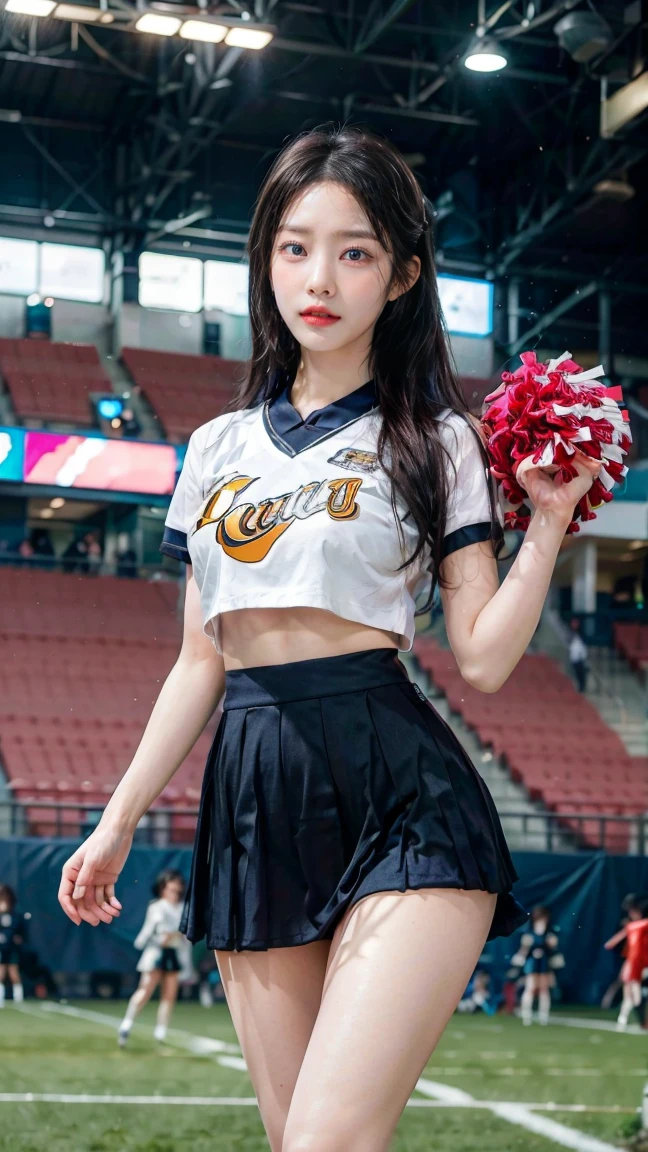 masterpiece、Highest quality、Detailed face、Japanese women、Woman in her 20s、Stadium、Cheerleader、Dynamic pose、Skirt flips、back、Panty shot