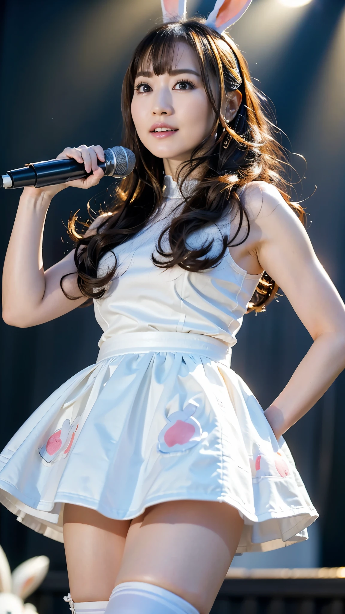 (8k、RAW Photos、highest quality、masterpiece:1.2)、(Realistic、Realistic)、1 girl、(((white bunny girl style)、mini skirt、boots、middle Breasts,long Hair and bangs、View from the front、stage、Spotlight、Standing,no smile))、Lots of eyelashes、Glowing eyelids、skeletally correct