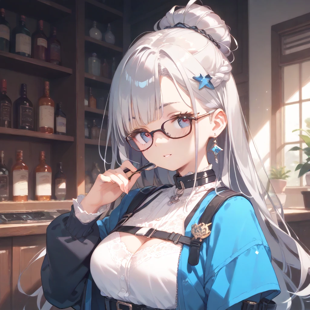 Curly long hair with glasses、Has loose braids、A cute girl in her 20s with a baby face。Her breasts are around D cup and she wears cute gothic clothes.、The location is a cafe surrounded by greenery。The expression is a smile、Draw a little larger、Beautiful breasts、Baby Face、skirt、Silver Hair、Grey Hair、Slim body、