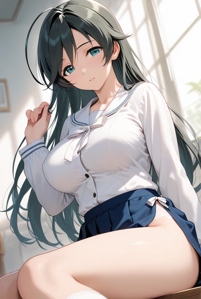 best quality, very aesthetic, absurdres, (1girl, aris, blue archive, solo, blue eyes, black hair, side ponytail), (artist official art:1.5), (realistic face:0.5), (), (open shirt:2), (cowboy shot), (), (glowing eyes:1.1), nsfw, (half closed eyes:0.9), (thigh), expressive eyes, perfect face, 4k, extremely detailed anime illustration, extremely detailed eyes, enhanced details, perfect anatomy, light rays, (gray background:1.5), clear eyes, beautiful face, small breasts, (Chiaroscuro:1.5), (highres:2), undressing