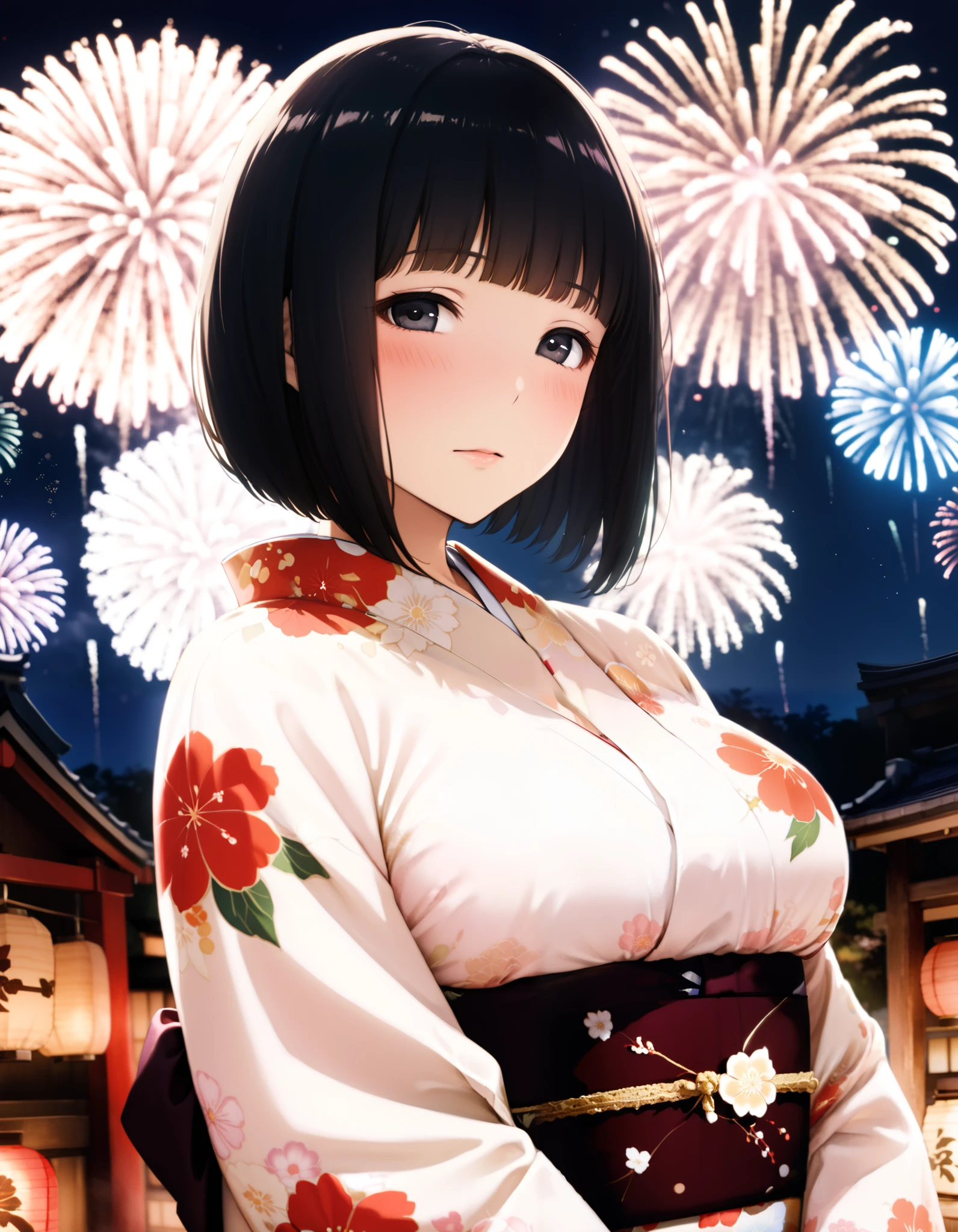 score_9, score_8_up, score_7_up, (nsfw, arakure), (1girl, solo), (upper body, looking at viewer), (black short hair, bob cut, blunt bangs), (black eyes, drunken eyes), (blush:1.2), (Japanese clothes, kimono, floral print, sash, long sleeves, obi), Japanese ancient capital, (night sky, aerial fireworks)