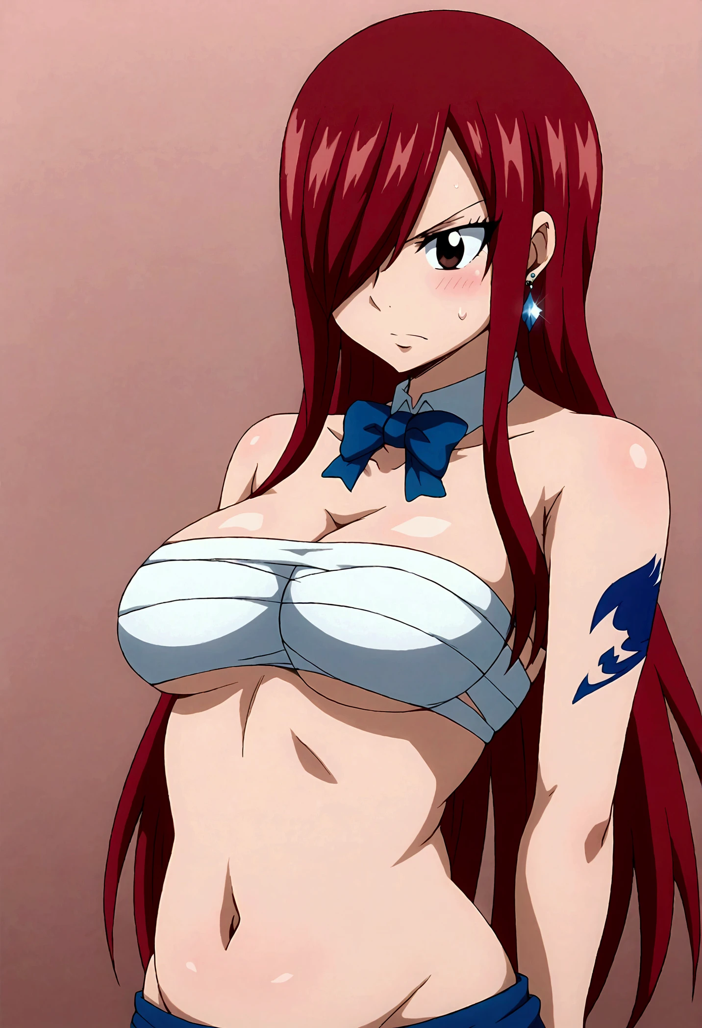 best quality, hires, Scarlet erza, (tiny black bikini only), location: wresting colosseum with crowd watching, adult woman, mature woman, big breasts, lying down, cowboy shot, best quality, ((right shoulder)), slightly strong arms, looking at viewer, important: shoulder tattoo only), big smile, (broad shoulders, strong arms), perfect body, no injuries, knocked down, clean body, from left side, push up, ((hands horizontally))