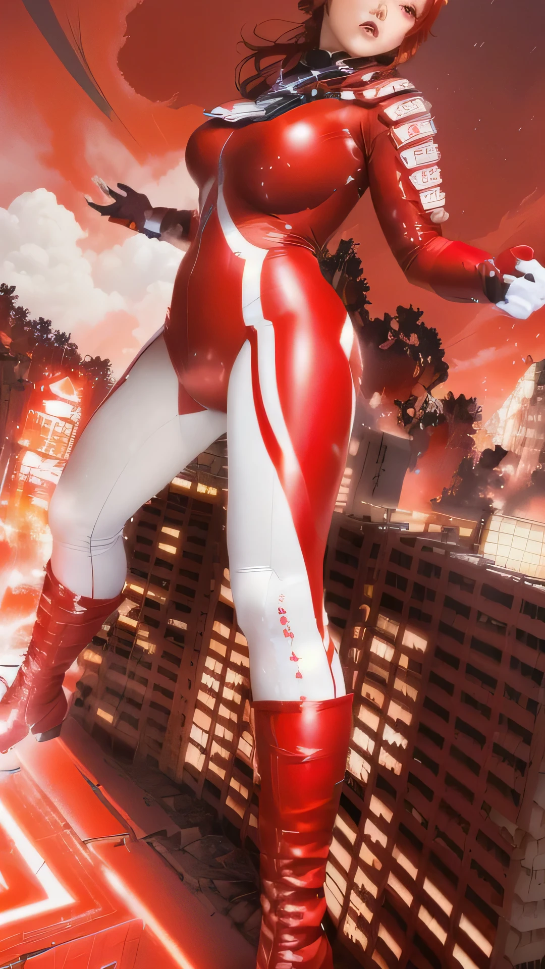 <'EM_1'> wearing red white high-tech cheongsam,
walking in well lit  complex industrial ruins, puddles, reflections,
fog, warm palette, wide focus,
style of Chris Cold
