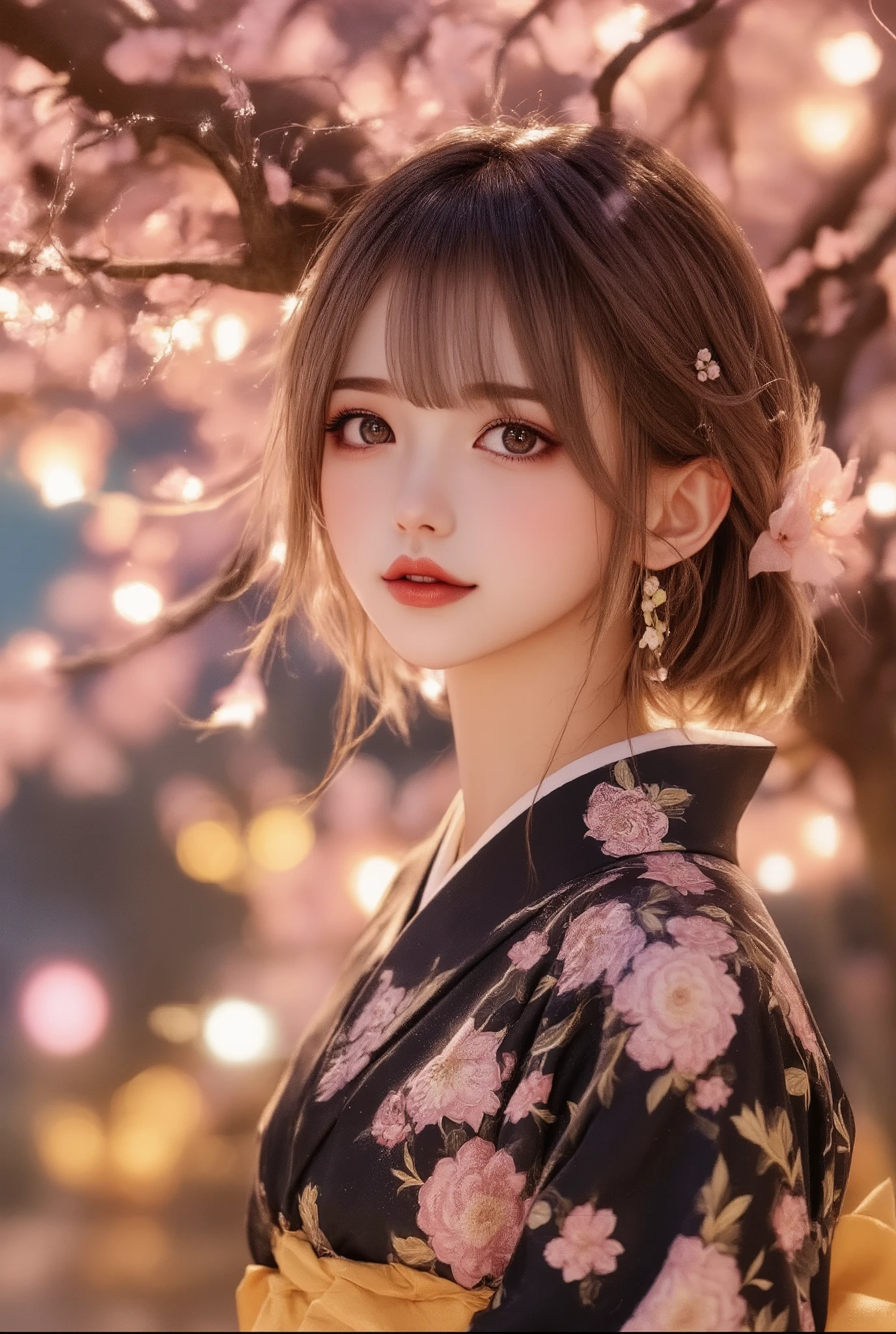 masterpiece, best quality, ultra-detailed, photorealistic depiction, intimate and cinematic composition, a blushing girl in a floral-patterned yukata with intricate embroidery, her shy expression captured with lifelike precision, soft, short dark brown hair styled elegantly with delicate cherry blossom hairpins, leaning gracefully against a cherry blossom tree, her pose tender and reserved, glowing under the warm, golden light of traditional festival lanterns.
The summer festival setting is alive with vibrant energy, featuring bokeh effects of blurred lanterns and glowing crowds in the background, illuminated by a rich blend of warm night lights and cool moonlight filtering through the branches. Her yellow obi sash catches subtle highlights, the fabric shimmering with soft reflections, while the surrounding cherry blossoms appear to glow faintly with ethereal light, as petals gently fall through the air.
Dramatic lighting enhances the contrast between the warm tones of the lanterns and the cool, serene ambiance of the moonlight, creating a harmonious balance. The shadows are soft and dynamic, accentuating the girl's delicate features and the tree's intricate texture. The air is filled with a romantic and nostalgic vibe, emphasized by swirling particle effects of fireflies and faint glowing sparkles, adding a touch of magic to the scene.
The composition exudes elegance and emotion, blending traditional Japanese aesthetics with surreal, dreamlike qualities. The use of glazing and airbrushing techniques enhances the depth and softness of textures, while dynamic lighting and vibrant color grading heighten the dramatic and cinematic atmosphere. The overall ambiance is a perfect harmony of serene beauty and vibrant energy, capturing the essence of a fleeting yet unforgettable summer night.