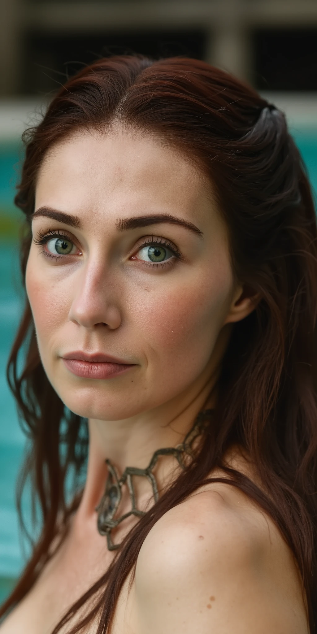((close-up portrait))A woman with wavy  hair, green eyes, captured in ultra-realistic 8K resolution using a Canon EOS R5 with a 50mm f/1.2 lens. Her face is sharply detailed,  stunning, angelic woman with fair skin, long straight hair, and light green honey-colored eyes. extreme reality, hyper realistic, Beautiful, Woman Swimming, Outdoor Pool, Expressive Workout in a Beautiful Portrait Style, Perfect Composition, Incredible Detail and Beautiful Rendering, 8k Fine, Realistic Conceptual, Perfect Light in Natural Volumetric Cinematography, Soft Light and Shadows, Award Winning Photography, Masterpiece.