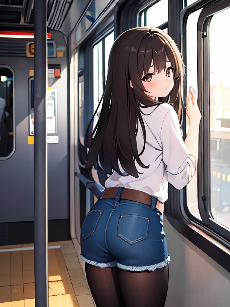 1girl, 20 years old, dark brown hair, brown eyes, shirt, black leggings, denim shorts, pantyhose standing in a train, standing near a window, cute, absurdres, high res, ultrasharp, 8K, masterpiece, looking at the camera, from behind