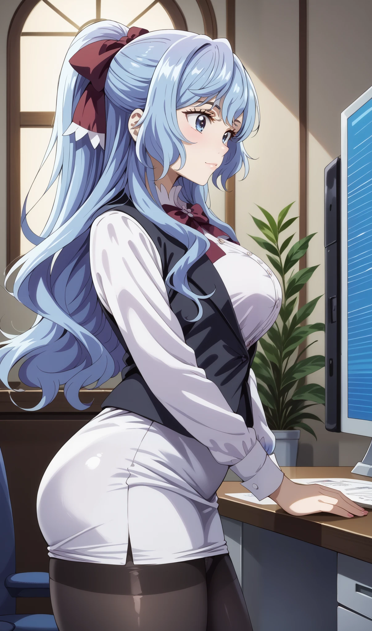 score_9, score_8_up, score_7_up, source_anime, 4K,perfect fingers,(perfect hands, perfect anatomy),prefect lighting, very aesthetic, intricate details,highly detailed background, masterpiece, high quality, best quality,
1girls,solo, liselotte cretia, long hair, blue eyes, blue hair, ponytail, hair bow, large breasts,,
wearing ((office lady,White dress shirts, white pencil skirts、black vest、Black pantyhose、Stylish panties、White panties)),,
Standing,side view,((face looking at viewers:2.0)),