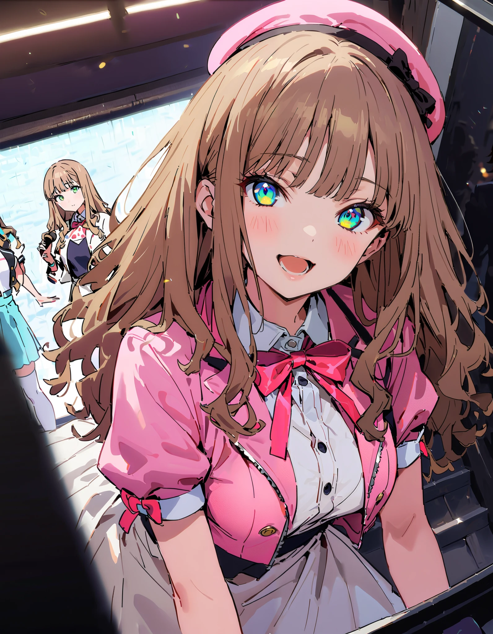 Minami Yume, long hair, brown hair, Green Eyes, bangs, Medium breast, smile,blush, open your mouth,Alone,アイドル歌手がライブ stageで熱狂的に歌うシーンのイラスト,アイドル歌手が stage中央に立っている, idol singers sing with microphones , idol singers are serious and impressive ,The singer's voice is strong and beautiful. , stageの周りにはファンが集まる, fans sing and dance with idol singers Idol singers who do things ,The Big Picture, Various colored lights , idol costume, dress,collared dress, jacket ,cropped jacket ,Short sleeve,bowtie,bow,button, gradation shirt that Furakana has ,beret,( white knee-highs:1.2),shoes, like the whole body is in the illustration , break indoors, stage,
break looking at viewer, like the whole body is in the illustration ,
break ( Masterpiece:1.2), top quality , kampala,unity 8k wallpaper,(shape:0.8),( fine, beautiful eyes :1.6),It's a person , full body photo,CG Details , ( perfect hands, Complete Anatomy),