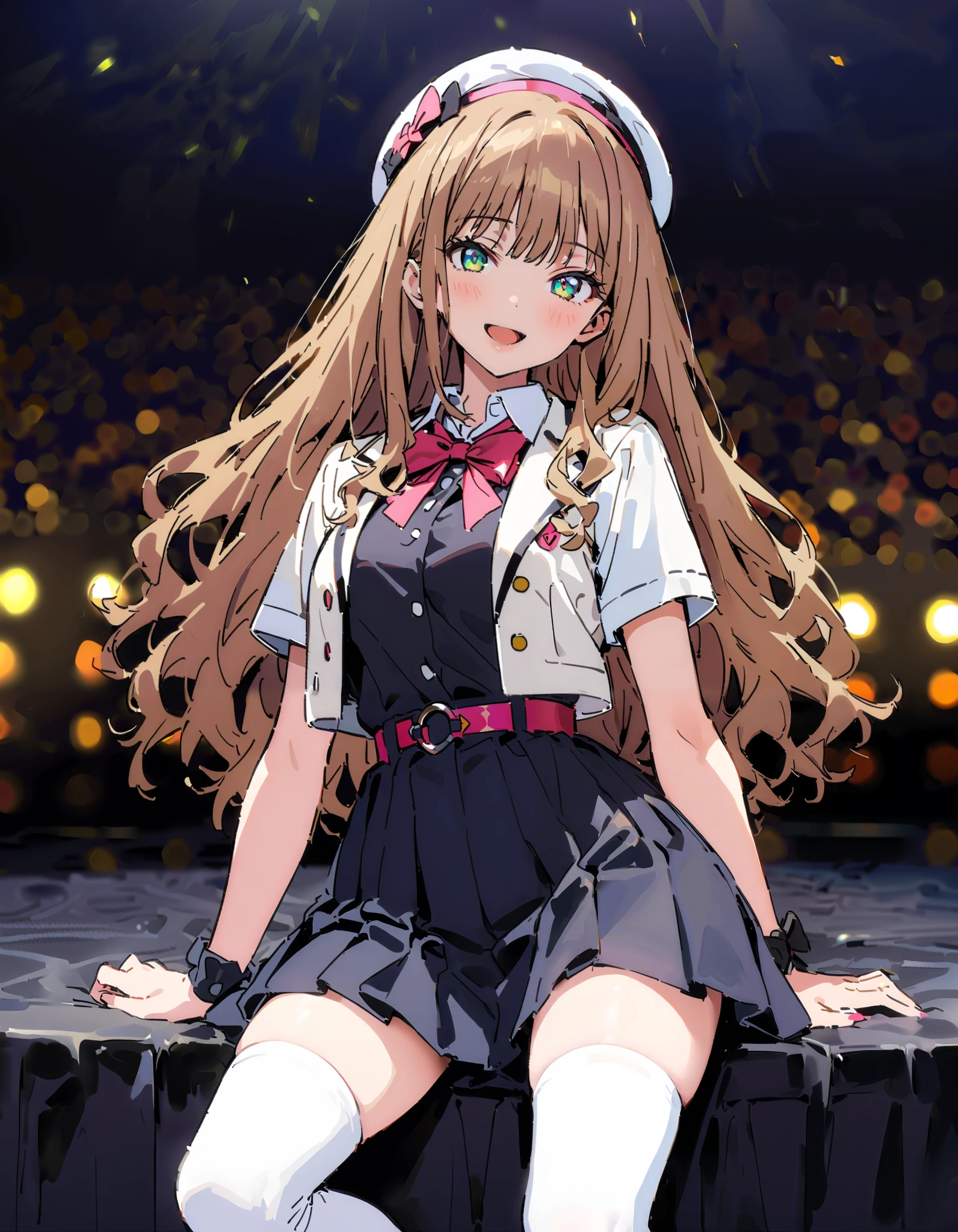 Minami Yume,  long hair,  brown hair,  Green Eyes, bangs, Medium breast, smile,blush, open your mouth,Alone,アイドル歌手がライブ  stageで熱狂的に歌うシーンのイラスト,アイドル歌手が  stage中央に立っている, idol singers sing with microphones , idol singers are serious and impressive ,The singer&#39;s voice is strong and beautiful. ,  stageの周りにはファンが集まる,   fans sing and dance with idol singers Idol singers who do things  ,The Big Picture, Various colored lights , idol costume, dress,collared  dress, jacket ,cropped  jacket ,Short sleeve,bowtie,bow,button, gradation shirt that Furakana has ,beret,( white knee-highs:1.2),shoes, like the whole body is in the illustration ,  break indoors, stage,
break looking at viewer, like the whole body is in the illustration ,
break ( Masterpiece:1.2), top quality , kampala,unity 8k wallpaper,(shape:0.8),(  fine, beautiful eyes  :1.6),It's a person , full body photo,CG Details , ( perfect hands, Complete Anatomy),