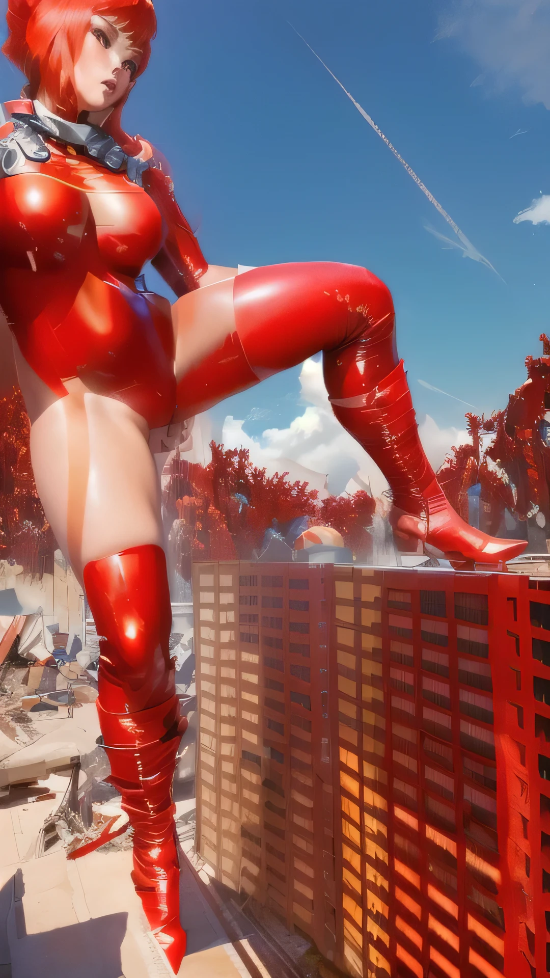 Asian Super Heroine, using white latex/red and semi-transparent (fully body), medium breasts, defined butt, defined legs, sensual and provocative, looks seductive, in the middle of the city, anime styling, best qualityer, High definition, work of art