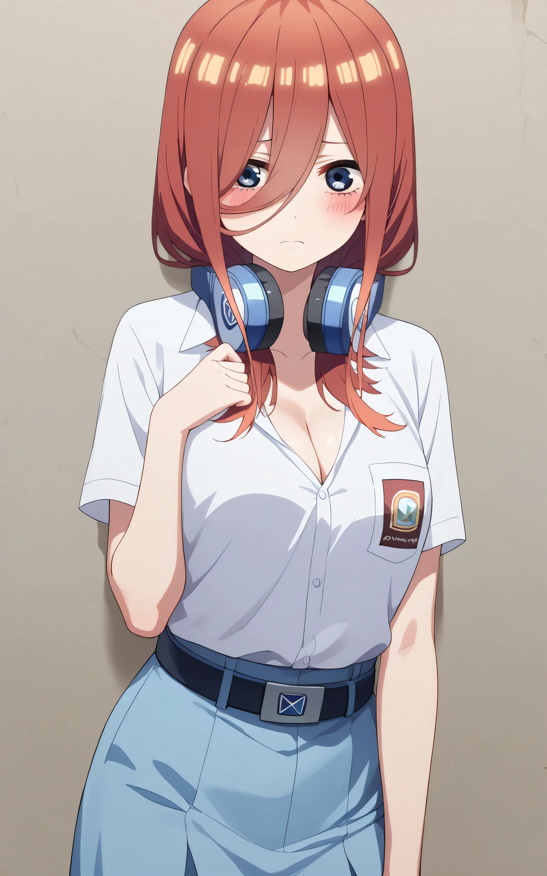 upper body, nakano miku, anime style, Random Sexy pose , ((Ultra detailing)), (very aesthetic, best quality, ultra detailed), intricate details,
1girl, Long hair, blue eyes, sharp jawline, long hair, shy, Blush ,Wearing sma shirt, short Skirt, Belt, Cleavage, ((Background : Class room,)