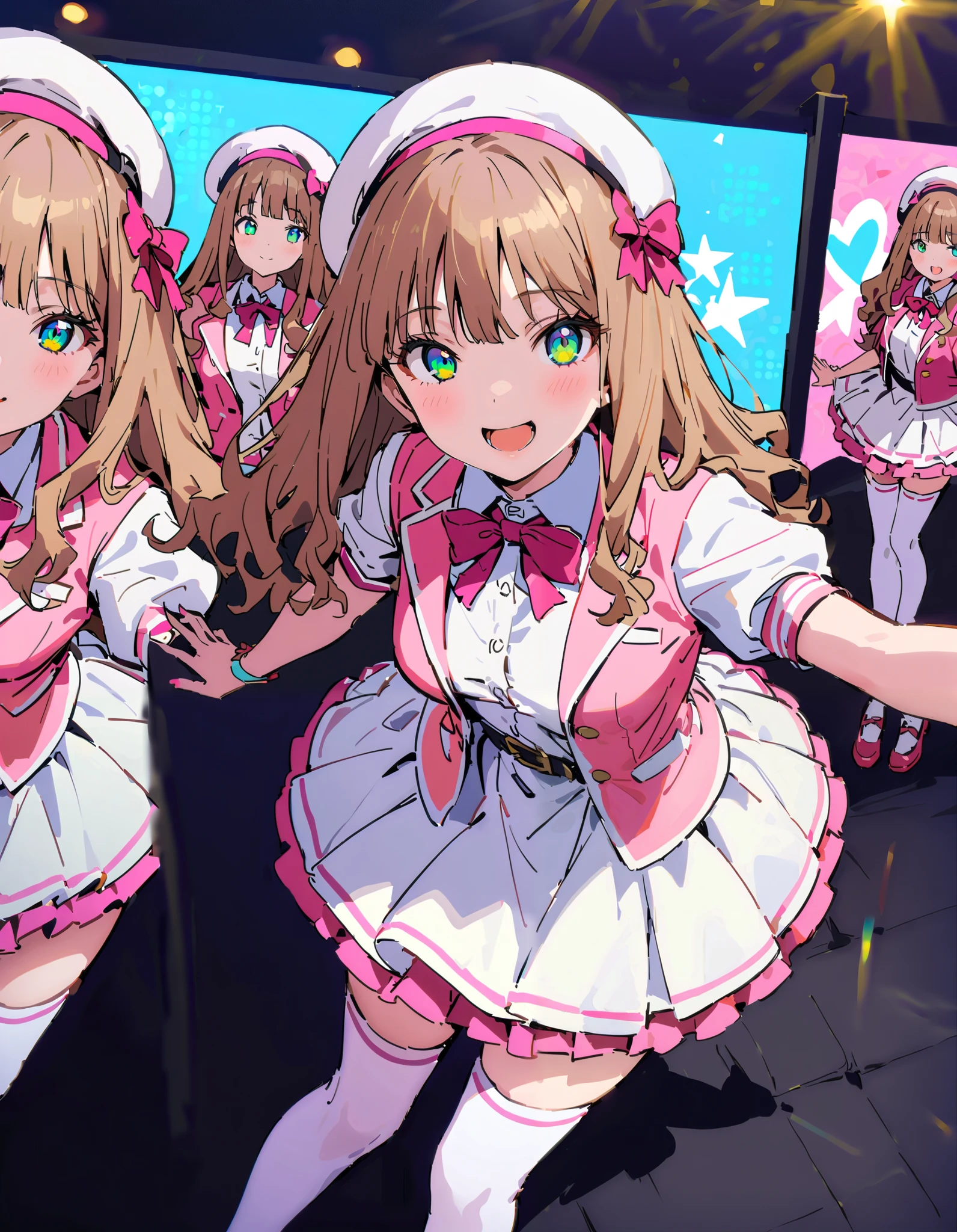 Minami Yume, long hair, brown hair, Green Eyes, bangs, Medium breast, smile,blush, open your mouth,Alone,アイドル歌手がライブ stageで熱狂的に歌うシーンのイラスト,アイドル歌手が stage中央に立っている, idol singers sing with microphones ,The idol singer's expression is energetic and impressive,The singer's voice is strong and beautiful. , stageの周りにはファンが集まる, fans sing and dance with idol singers Idol singers who do things ,The Big Picture, Various colored lights , idol costume, dress,collared dress, jacket ,cropped jacket ,Short sleeve,bowtie,bow,button, gradation shirt that Furakana has ,beret,( white knee-highs:1.2),shoes, like the whole body is in the illustration , break indoors, stage,
break looking at viewer, like the whole body is in the illustration ,
break ( Masterpiece:1.2), top quality , kampala,unity 8k wallpaper,(shape:0.8),( fine, beautiful eyes :1.6),It's a person , full body photo,CG Details , ( perfect hands, Complete Anatomy),