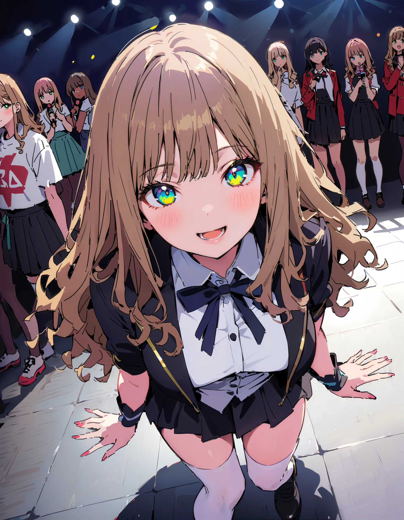 Minami Yume,  long hair,  brown hair,  Green Eyes, bangs, Medium breast, smile,blush, open your mouth,Alone,アイドル歌手がライブ  stageで熱狂的に歌うシーンのイラスト,アイドル歌手が  stage中央に立っている, idol singers sing with microphones ,The idol singer's expression is energetic and impressive,The singer&#39;s voice is strong and beautiful. ,  stageの周りにはファンが集まる,   fans sing and dance with idol singers Idol singers who do things  ,The Big Picture, Various colored lights , idol costume, dress,collared  dress, jacket ,cropped  jacket ,Short sleeve,bowtie,bow,button, gradation shirt that Furakana has ,beret,( white knee-highs:1.2),shoes, like the whole body is in the illustration ,  break indoors, stage,
break looking at viewer, like the whole body is in the illustration ,
break ( Masterpiece:1.2), top quality , kampala,unity 8k wallpaper,(shape:0.8),(  fine, beautiful eyes  :1.6),It's a person , full body photo,CG Details , ( perfect hands, Complete Anatomy),