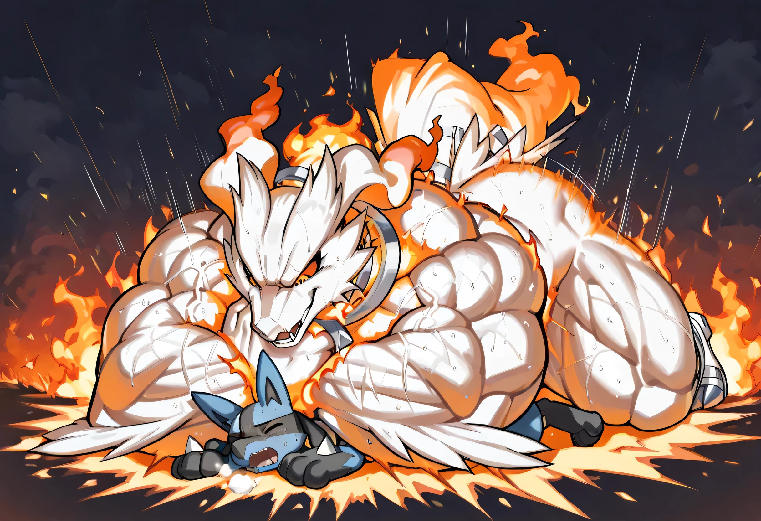 4k ultra quality, 4k full body view,masterpiece quality, large reshiram, small lucario, wrestling,Rear_Naked_Choke, choke_hold,(reshiram is giant bulky muscular, massive strong body, open eyes, evil grin, looking down, burning body, sweaty, steamy breath,thick arm, tighten arm, choking neck with arm, behind lucario), (lucario is very small build, young, pain, close eyes, open mouth, lying on stomach, arched back, head between arm),motion blur, motion line, break,fire background, from below