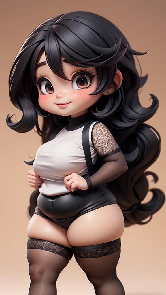 Personaje. de cuerpo entero, cara de estilo 3D,  dulce y delicado, with long and dyed hair,chocolate,(((pelo rubio))),camiseta negra, (((black lingerie)))