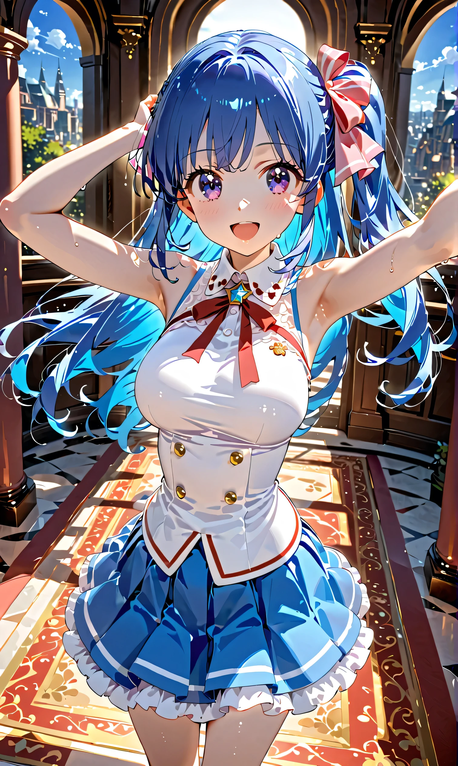 (masterpiece, best quality, highly detailed, ultra detailed, high resolution, absurdres, 4K, 8K:1.2), (official art, incredibly fine illustration, extremely detailed CG, detailed background, cinematic lighting, dynamic angle, perfect hands, detailed shiny skin, detailed hair, detailed eyes)(extremely awesome detailed pretty li face,beauty face)(extremely detailed)(Three-dimensional depiction) BREAK,Really big anime beauty top, 1 girl, solo, blue hair, blue eyes, side ponytail, breasts,, long hair, open mouth, smile, big breasts, sweat, red eyes , look at viewer with arms raised, shirt, skirt, sleeveless, ribbon, hair ribbon, 1990's_PC, Aoi Kiriya (Aikatsu!)