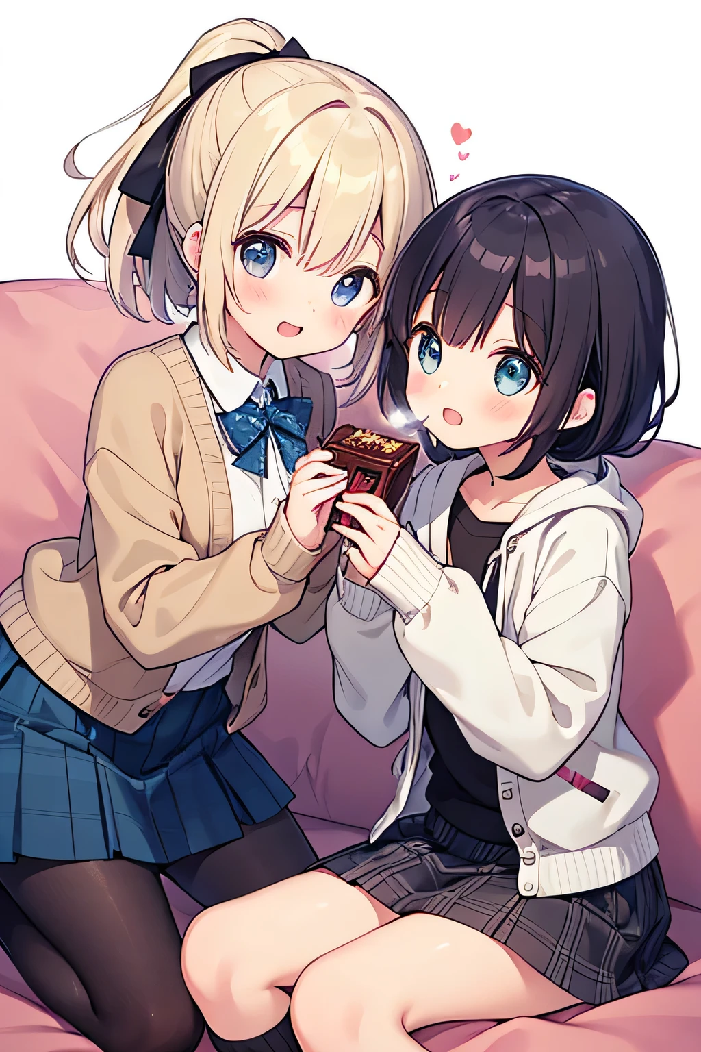 top quality、 high resolution、( HD:1.2)、 Masterpiece、 detailed background on a futon、age beauty、 big size、( very detailed face:1.2)、Bright-colored hair、Braided bob cut、 ponytail、
On Valentine's Day、There's soft snow falling outside、
「 it's cold but 、We'll wait just a little while!」Saying that、We take out a small box from our pocket、
「this、Friend chocolate! it's cold but 、this食べて温まって!」
We bump our hands together and laugh、We don't even mind that our fingertips are cold、
「Well then、And next time we'll go for hot chocolate together!」We promised to give each other chocolates、And feel all warm and cozy、We pair a thin cardigan with pearl buttons with a cute flared skirt、We choose calm colors like beige or light blue、We pair a small jacket-style top with a plaid skirt for a mature and stylish look、We put on tights or cute socks underneath、We put our hair up half-way with a ribbon、 cute