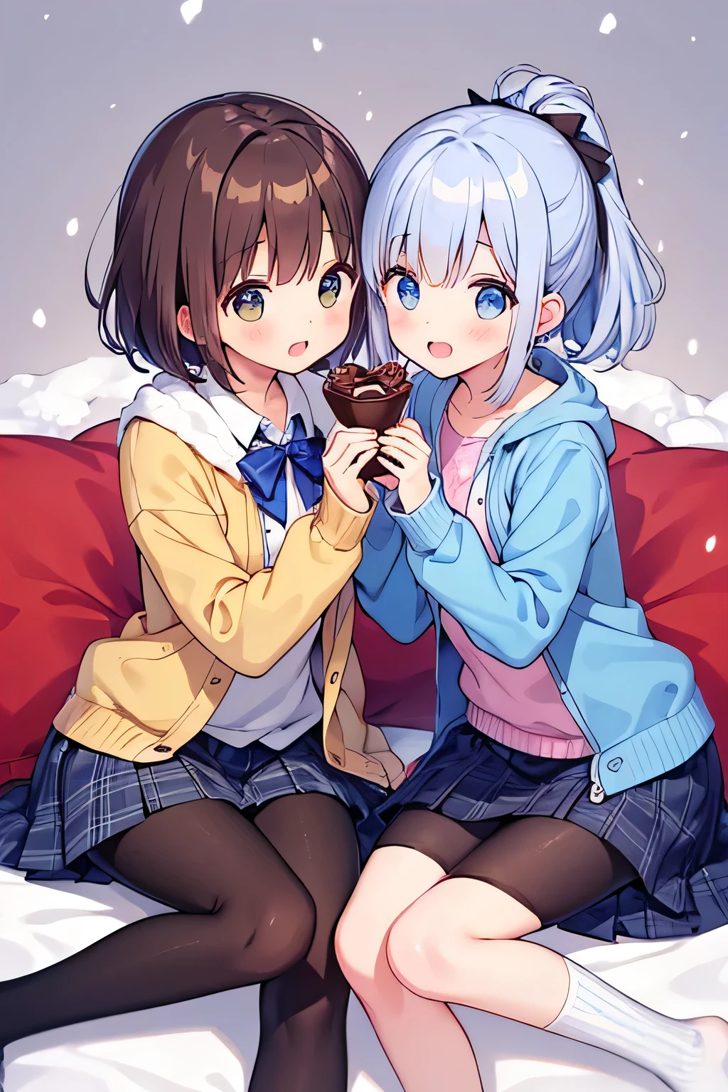 top quality、 high resolution、( HD:1.2)、 Masterpiece、 detailed background on a futon、 beauty、 big size、( very detailed face:1.2)、Bright-colored hair、Braided bob cut、 ponytail、
On Valentine's Day、There's soft snow falling outside、
「 it's cold but 、We'll wait just a little while!」Saying that、We take out a small box from our pocket、
「this、Friend chocolate! it's cold but 、this食べて温まって!」
We bump our hands together and laugh、We don't even mind that our fingertips are cold、
「Well then、And next time we'll go for hot chocolate together!」We promised to give each other chocolates、And feel all warm and cozy、We pair a thin cardigan with pearl buttons with a cute flared skirt、We choose calm colors like beige or light blue、We pair a small jacket-style top with a plaid skirt for a mature and stylish look、We put on tights or cute socks underneath、We put our hair up half-way with a ribbon、 cute