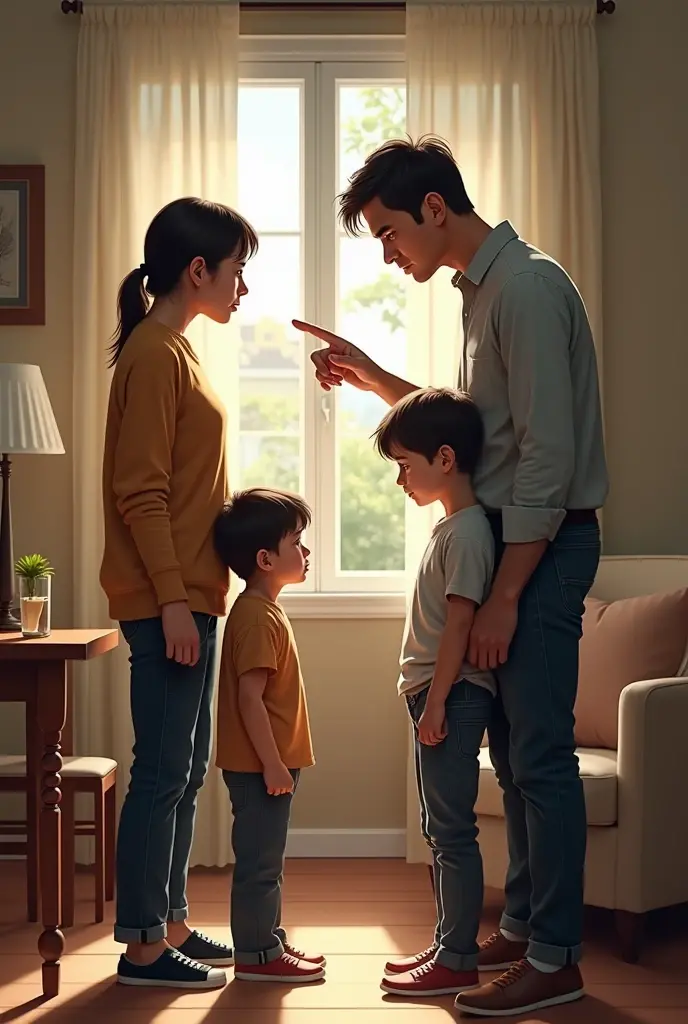 Parents comparing their child to another child, but one of them scolds his son indicating why he cannot be like the other child, the parents being upset and the drawing being realistic 